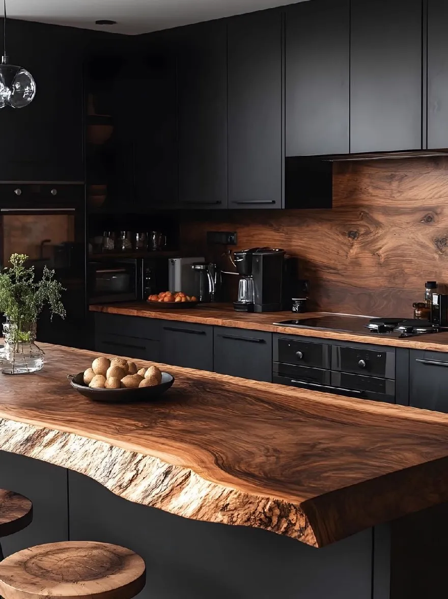 Русский промпт: Современная кухня с черными шкафами и ореховая столешница. Столетняя столешница имеет натуральный рисунок зерна древесины, и на ней есть миска с фруктами. Кухня оснащена приборами из нержавеющей стали, включая газовую плиту, духовку и кофеварку. С любой стороны столешницы есть два деревянных табурета, а подвесной светильник висит на потолке. Общая эстетика гладкая и минималистичная, с акцентом на текстуры натурального дерева. | Original prompt: A modern kitchen with black cabinets and a walnut countertop. The countertop has a natural wood grain pattern, and there is a bowl of fruit on it. The kitchen is equipped with stainless steel appliances, including a gas stove, oven, and coffee maker. There are two wooden stools on either side of the countertop, and a pendant light hangs from the ceiling. The overall aesthetic is sleek and minimalistic, with a focus on natural wood textures.