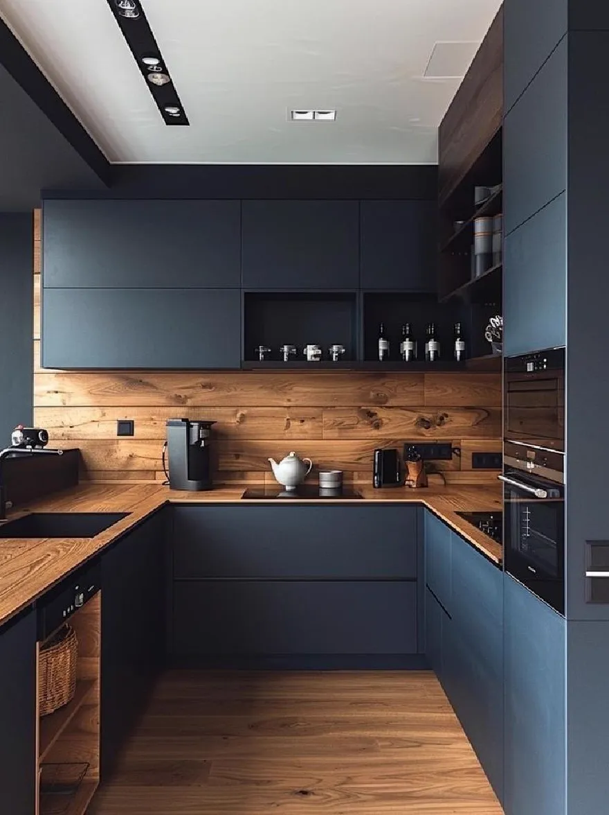 Русский промпт: Современная кухня с темно -синими шкафами и деревянными столешницами. Шкафы имеют гладкий, минималистский дизайн с темной деревянной отделкой. На столешнице есть белый чайник, кофеварка и несколько других кухонных предметов. На кухне также есть встроенная духовка и микроволновая печь. Стены изготовлены из темного дерева, а потолок утоплено освещение. Общая эстетика минималистичная и современная. | Original prompt: A modern kitchen with dark blue cabinets and wooden countertops. The cabinets have a sleek, minimalist design with a dark wood finish. On the countertop, there is a white teapot, a coffee maker, and a few other kitchen items. The kitchen also features a built-in oven and a microwave. The walls are made of dark wood, and the ceiling has recessed lighting. The overall aesthetic is minimalistic and contemporary.