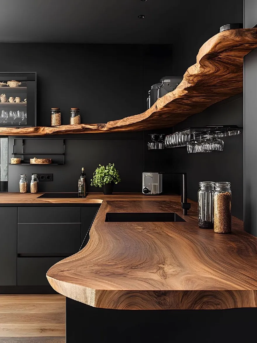 Русский промпт: Современная кухня с черными стенами и деревянная столешница. На столешнице есть стеклянные банки, маленький горшечный завод и кофемашина. Стременная столешница изогнута и имеет натуральный рисунок зерна древесины. Кухня имеет гладкий и современный дизайн. Полки снабжены различными кухонными предметами. Общая эстетика минималистичная и современная. | Original prompt: A modern kitchen with black walls and a wooden countertop. On the countertop, there are glass jars, a small potted plant, and a coffee machine. The countertop is curved and has a natural wood grain pattern. The kitchen has a sleek and contemporary design. The shelves are stocked with various kitchen items. The overall aesthetic is minimalistic and contemporary.