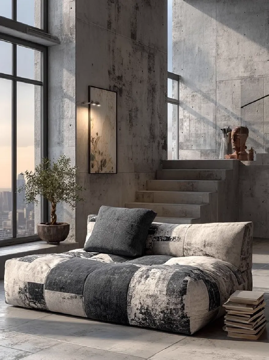 Русский промпт: Современная минималистская гостиная с бетонными стенами и полами. В комнате есть большие окна, которые предлагают потрясающий вид на городской горизонт снаружи. На левой стороне комнаты есть большой бетонный диван с лоскутным дизайном в оттенках серого и белого. Диван расположен в центре изображения, с горшечным растением на правой стороне. Пол изготовлен из светлых плиток, а стены изготовлены из бетона. Освещение мягкое и естественное, отбрасывая тени на диване и полу. Общая эстетика минималистичная и современная. | Original prompt: A modern, minimalist living room with concrete walls and flooring. The room has large windows that offer a stunning view of the city skyline outside. On the left side of the room, there is a large concrete sofa with a patchwork design in shades of gray and white. The sofa is placed in the center of the image, with a potted plant on the right side. The floor is made of light-colored tiles, and the walls are made of concrete. The lighting is soft and natural, casting shadows on the sofa and the floor. The overall aesthetic is minimalistic and contemporary.