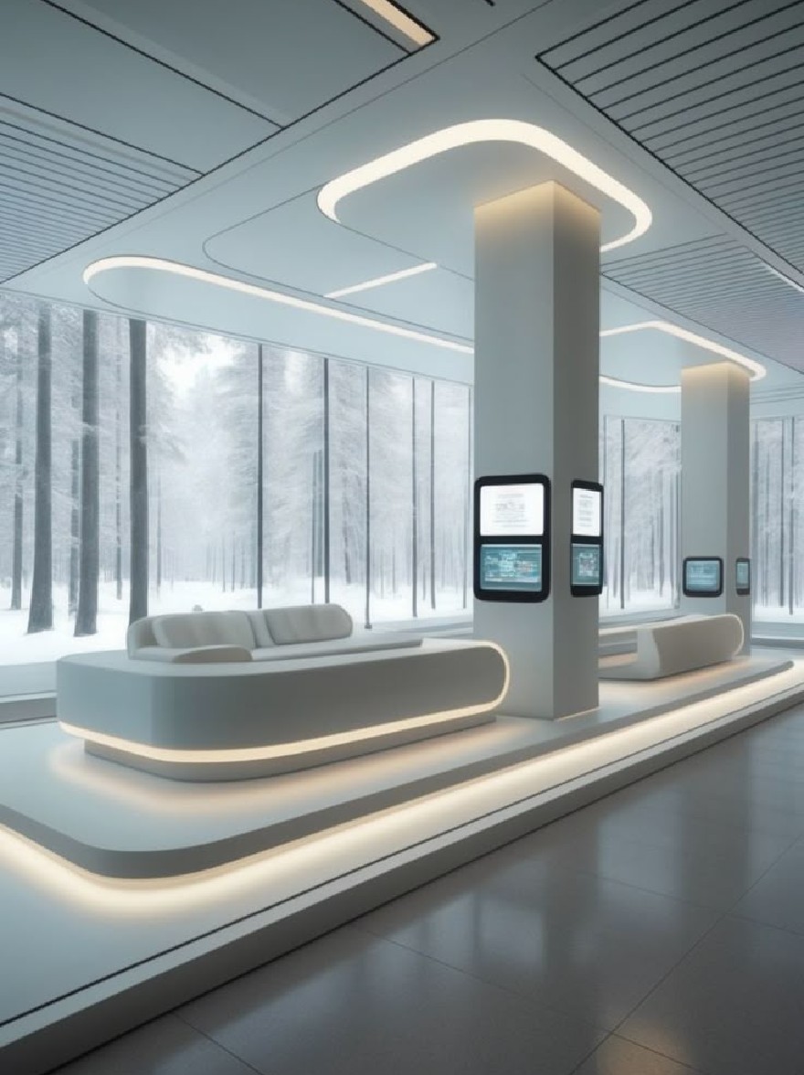 Русский промпт: Современное минималистское выставочное пространство с минималистским дизайном. Комната имеет высокий потолок с утопленным освещением и большие окна, которые предлагают снежный лес. Стены изготовлены из стекла, позволяя естественному свету профильтровать и создавать яркую и воздушную атмосферу. Пол изготовлен из светлых плиток, и есть несколько белых изогнутых диванов, расположенных по полукругающему рисунку вдоль центра комнаты. На правой стороне изображения есть высокая цилиндрическая дисплей с несколькими экранами, отображающими информацию. Общая эстетика гладкая и современная, с акцентом на минималистичный дизайн. | Original prompt: A modern, minimalist exhibition space with a minimalist design. The room has a high ceiling with recessed lighting, and large windows that offer a snowy forest view. The walls are made of glass, allowing natural light to filter through and create a bright and airy atmosphere. The floor is made of light-colored tiles, and there are several white, curved sofas arranged in a semi-circular pattern along the center of the room. On the right side of the image, there is a tall, cylindrical display stand with multiple screens displaying information. The overall aesthetic is sleek and contemporary, with a focus on minimalistic design.