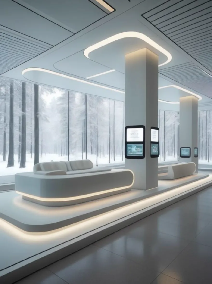 Русский промпт: Современное минималистское выставочное пространство с минималистским дизайном. Комната имеет высокий потолок с утопленным освещением и большие окна, которые предлагают снежный лес. Стены изготовлены из стекла, позволяя естественному свету профильтровать и создавать яркую и воздушную атмосферу. Пол изготовлен из светлых плиток, и есть несколько белых изогнутых диванов, расположенных по полукругающему рисунку вдоль центра комнаты. На правой стороне изображения есть высокая цилиндрическая дисплей с несколькими экранами, отображающими информацию. Общая эстетика гладкая и современная, с акцентом на минималистичный дизайн. | Original prompt: A modern, minimalist exhibition space with a minimalist design. The room has a high ceiling with recessed lighting, and large windows that offer a snowy forest view. The walls are made of glass, allowing natural light to filter through and create a bright and airy atmosphere. The floor is made of light-colored tiles, and there are several white, curved sofas arranged in a semi-circular pattern along the center of the room. On the right side of the image, there is a tall, cylindrical display stand with multiple screens displaying information. The overall aesthetic is sleek and contemporary, with a focus on minimalistic design.