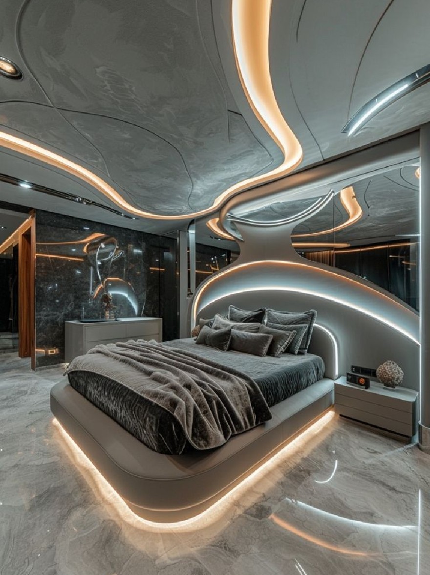 Русский промпт: Современная, роскошная спальня с изогнутым изогнутым изголовью и гладким, современным дизайном. Кровать расположена в центре комнаты, окруженная мраморными полами и освещена мягким теплым освещением. Стены изготовлены из стекла, отражая городской пейзаж снаружи, создавая гладкий и изысканный вид. Изголовье изготовлено из бетона и имеет уникальный изогнутый дизайн, который добавляет роскошное ощущение пространства. Комната достаточно просторная, чтобы разместить большую кровать с серой покрыванием и подушками. С обеих сторон кровати есть две тумбочки с декоративным предметом на вершине. Общая эстетика утончена и утончена, с оттенком роскоши. | Original prompt: A modern, luxurious bedroom with a curved, curved headboard and a sleek, modern design. The bed is placed in the center of the room, surrounded by marble flooring and illuminated by soft, warm lighting. The walls are made of glass, reflecting the cityscape outside, creating a sleek and sophisticated look. The headboard is made of concrete and has a unique, curved design that adds to the luxurious feel of the space. The room is spacious enough to accommodate a large bed with a gray bedspread and pillows. On either side of the bed, there are two nightstands with a decorative object on top. The overall aesthetic is sophisticated and sophisticated, with a touch of luxury.