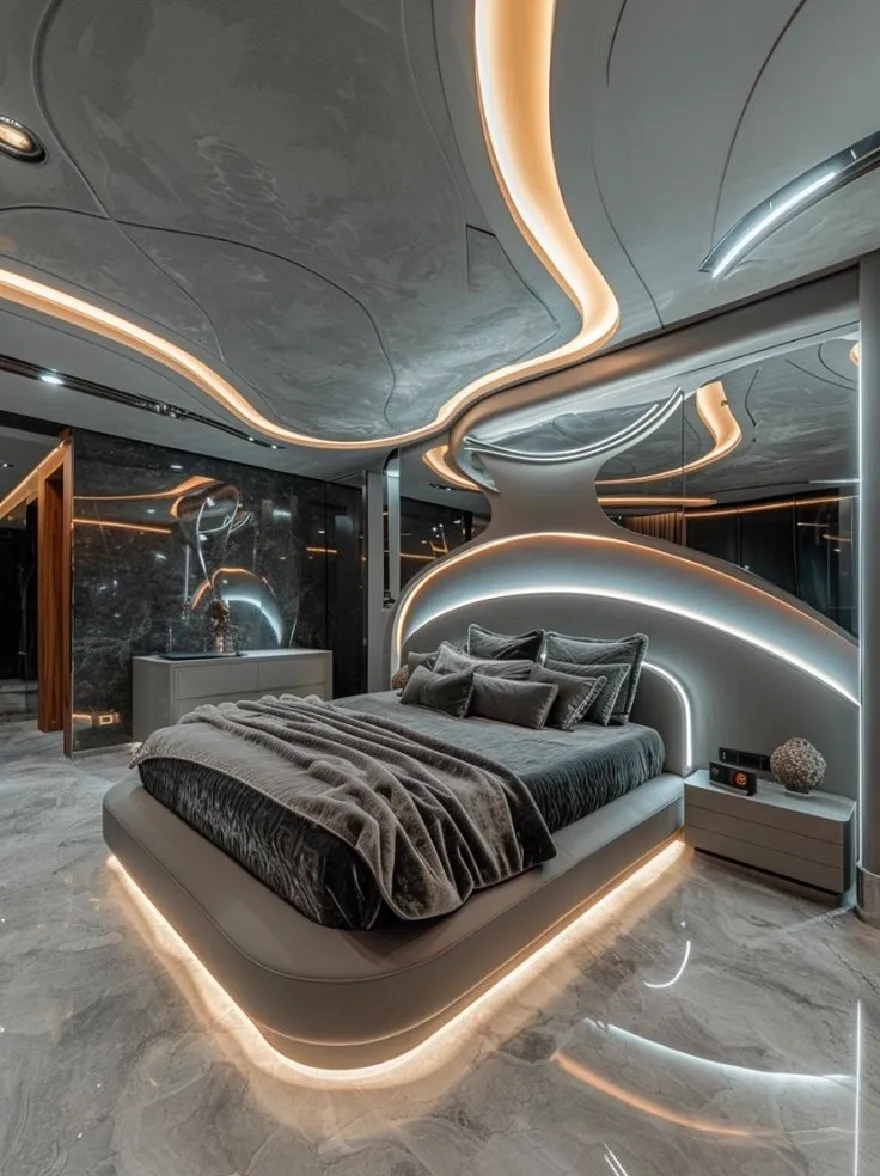 Русский промпт: Современная, роскошная спальня с изогнутым изогнутым изголовью и гладким, современным дизайном. Кровать расположена в центре комнаты, окруженная мраморными полами и освещена мягким теплым освещением. Стены изготовлены из стекла, отражая городской пейзаж снаружи, создавая гладкий и изысканный вид. Изголовье изготовлено из бетона и имеет уникальный изогнутый дизайн, который добавляет роскошное ощущение пространства. Комната достаточно просторная, чтобы разместить большую кровать с серой покрыванием и подушками. С обеих сторон кровати есть две тумбочки с декоративным предметом на вершине. Общая эстетика утончена и утончена, с оттенком роскоши. | Original prompt: A modern, luxurious bedroom with a curved, curved headboard and a sleek, modern design. The bed is placed in the center of the room, surrounded by marble flooring and illuminated by soft, warm lighting. The walls are made of glass, reflecting the cityscape outside, creating a sleek and sophisticated look. The headboard is made of concrete and has a unique, curved design that adds to the luxurious feel of the space. The room is spacious enough to accommodate a large bed with a gray bedspread and pillows. On either side of the bed, there are two nightstands with a decorative object on top. The overall aesthetic is sophisticated and sophisticated, with a touch of luxury.