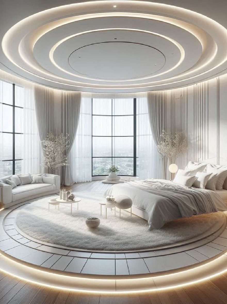 Русский промпт: Современная минималистская спальня с круглым деревянным полом, белыми стенами и большое окно с чистыми белыми шторами. Комната освещена мягким, теплым освещением, создавая успокаивающую атмосферу. Целью комнаты является большая круглая кровать с белым постельным бельем и подушками, расположенная в центре круговой области коврика. По обе стороны от кровати есть два белых боковых стола с лампами, добавляя прикосновение элегантности в пространство. Стены изготовлены из деревянных панелей, а пол изготовлен из светлого дерева. Общий дизайн элегантный и сложный, с минималистской эстетикой. | Original prompt: A modern, minimalist bedroom with a circular wooden floor, white walls, and a large window with sheer white curtains. The room is illuminated by soft, warm lighting, creating a calming atmosphere. The focal point of the room is a large, circular bed with white linens and pillows, placed in the center of the circular area rug. On either side of the bed, there are two white side tables with lamps, adding a touch of elegance to the space. The walls are made of wood paneling, and the floor is made of light-colored wood. The overall design is elegant and sophisticated, with a minimalist aesthetic.