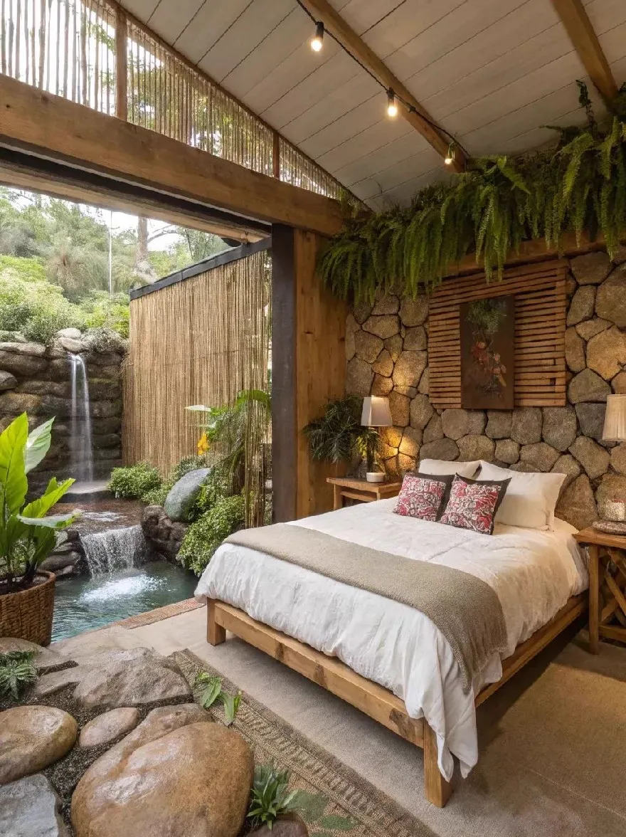 Русский промпт: Деревенская спальня с каменной стеной и небольшой водопад на заднем плане. В комнате есть деревянный потолок с струнными огнями, а стены изготовлены из натурального камня. На центре комнаты находится большая деревянная кровать с белым утешителем и подушками, расположенной на бежевом коврике. Есть две деревянные тумбочки с лампами по обе стороны от кровати, обеспечивая теплую и привлекательную атмосферу. Стены украшены пышной зеленью, в том числе папоротниками и другими растениями, и есть тканый бамбуковый экран, отделяющий комнату от водопада. Пол покрыт нейтральным ковром, добавляя в комнату прикосновение природы. | Original prompt: A rustic bedroom with a stone wall and a small waterfall in the background. The room has a wooden ceiling with string lights, and the walls are made of natural stone. On the center of the room is a large wooden bed with a white comforter and pillows, placed on a beige area rug. There are two wooden nightstands with lamps on either side of the bed, providing a warm and inviting atmosphere. The walls are decorated with lush greenery, including ferns and other plants, and there is a woven bamboo screen separating the room from the waterfall. The floor is covered with a neutral rug, adding a touch of nature to the room.