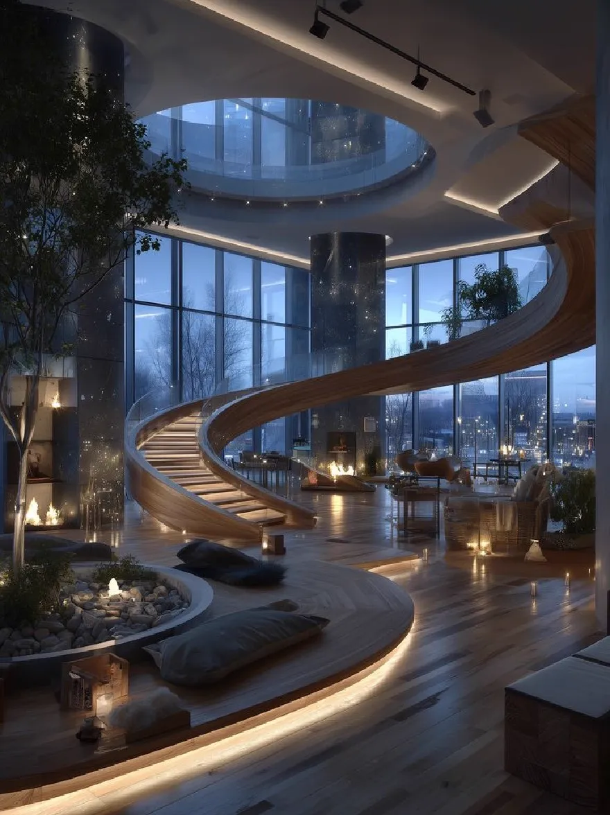 Русский промпт: Рендеринг современного, роскошного помещения с изогнутой деревянной лестницей, ведущей на второй этаж. Комната освещена мягким, теплым освещением, создавая безмятежную атмосферу. Стены изготовлены из стекла, позволяя естественному свету профильтровать и освещать пространство. Лестница сделана из светлого дерева, пробираясь через центр комнаты. По обе стороны лестницы есть большие окна, которые предлагают панорамный вид на горизонт города ночью. Пространство заполнено природными элементами, такими как камни, растения и мебель. Общий дизайн гладкий и современный, с акцентом на естественную красоту и изощренность. | Original prompt: A rendering of a modern, luxurious indoor space with a curved wooden staircase leading to the second floor. The room is illuminated by soft, warm lighting, creating a serene atmosphere. The walls are made of glass, allowing natural light to filter through and illuminate the space. The staircase is made of light-colored wood, winding its way through the center of the room. On either side of the staircase, there are large windows that offer a panoramic view of the city skyline at night. The space is filled with natural elements such as rocks, plants, and furniture. The overall design is sleek and contemporary, with a focus on natural beauty and sophistication.