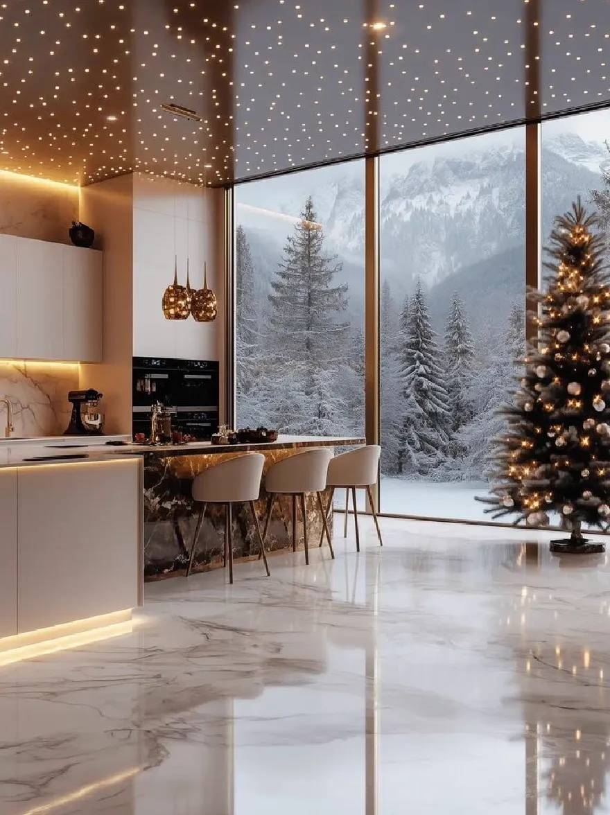 Русский промпт: Современная минималистская кухня с большим окном с видом на снежный горный ландшафт. На кухне есть белые шкафы, мраморная столешница и рождественская елка, украшенная белыми и золотыми украшениями. Пол сделан из мрамора, а стены сделаны из дерева. Потолок украшен струнными огнями, создавая теплую и привлекательную атмосферу. Рождественская елка стоит в центре комнаты, добавляя прикосновение праздничного настроения. Общая эстетика минималистичная и современная. | Original prompt: A modern, minimalist kitchen with a large window overlooking a snowy mountain landscape. The kitchen features white cabinets, a marble countertop, and a Christmas tree decorated with white and gold ornaments. The floor is made of marble, and the walls are made of wood. The ceiling is adorned with string lights, creating a warm and inviting atmosphere. The Christmas tree stands in the center of the room, adding a touch of holiday cheer. The overall aesthetic is minimalistic and contemporary.