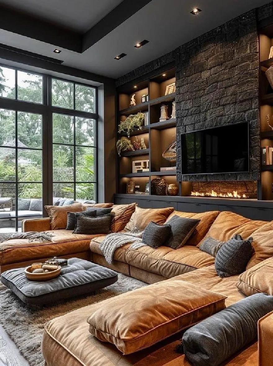 Русский промпт: Современная гостиная с большим секционным диваном, камином и встроенными полками. Диван изготовлен из коричневого бархата и имеет несколько подушек и подушек, аккуратно расположенных на нем. Камин встроен в стену за диваном, обеспечивая уютную и привлекательную атмосферу. В комнате есть большие окна, которые впускаются в естественном свете, позволяя много естественного света заполнить пространство. Стены изготовлены из темного дерева, а потолок украшен унедренным освещением, создавая теплую и привлекательную атмосферу. Общий дизайн гладкий и современный, идеально подходит для любой гостиной. | Original prompt: A modern living room with a large sectional sofa, a fireplace, and built-in shelves. The sofa is made of brown velvet and has several pillows and cushions arranged neatly on it. The fireplace is built into the wall behind the sofa, providing a cozy and inviting atmosphere. The room has large windows that let in natural light, allowing plenty of natural light to fill the space. The walls are made of dark wood, and the ceiling is adorned with recessed lighting, creating a warm and inviting ambiance. The overall design is sleek and contemporary, perfect for any living room.