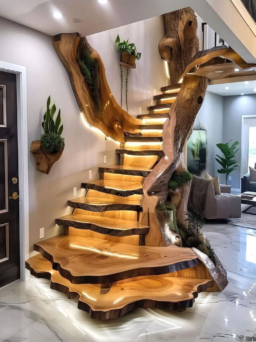 Русский промпт: Современная гостиная с деревянной лестницей с уникальным дизайном с туловищем деревья и шагами, покрытыми мхом. Лестница освещается светодиодными фонарями, создавая теплую и привлекательную атмосферу. По обе стороны лестницы на стене висят два растения в горшках, добавляя прикосновение зелени в пространство. Стены окрашены в нейтральный цвет, а пол изготовлен из мрамора. Комната просторная и хорошо освещенная, с диваном и журнальным столиком на переднем плане. Общая эстетика является современной и привлекательной. | Original prompt: A modern living room with a wooden staircase featuring a unique design with a tree trunk-like structure and moss-covered steps. The staircase is illuminated by LED lights, creating a warm and inviting atmosphere. On either side of the staircase, two potted plants hang on the wall, adding a touch of greenery to the space. The walls are painted in a neutral color, and the floor is made of marble. The room is spacious and well-lit, with a sofa and a coffee table in the foreground. The overall aesthetic is contemporary and inviting.