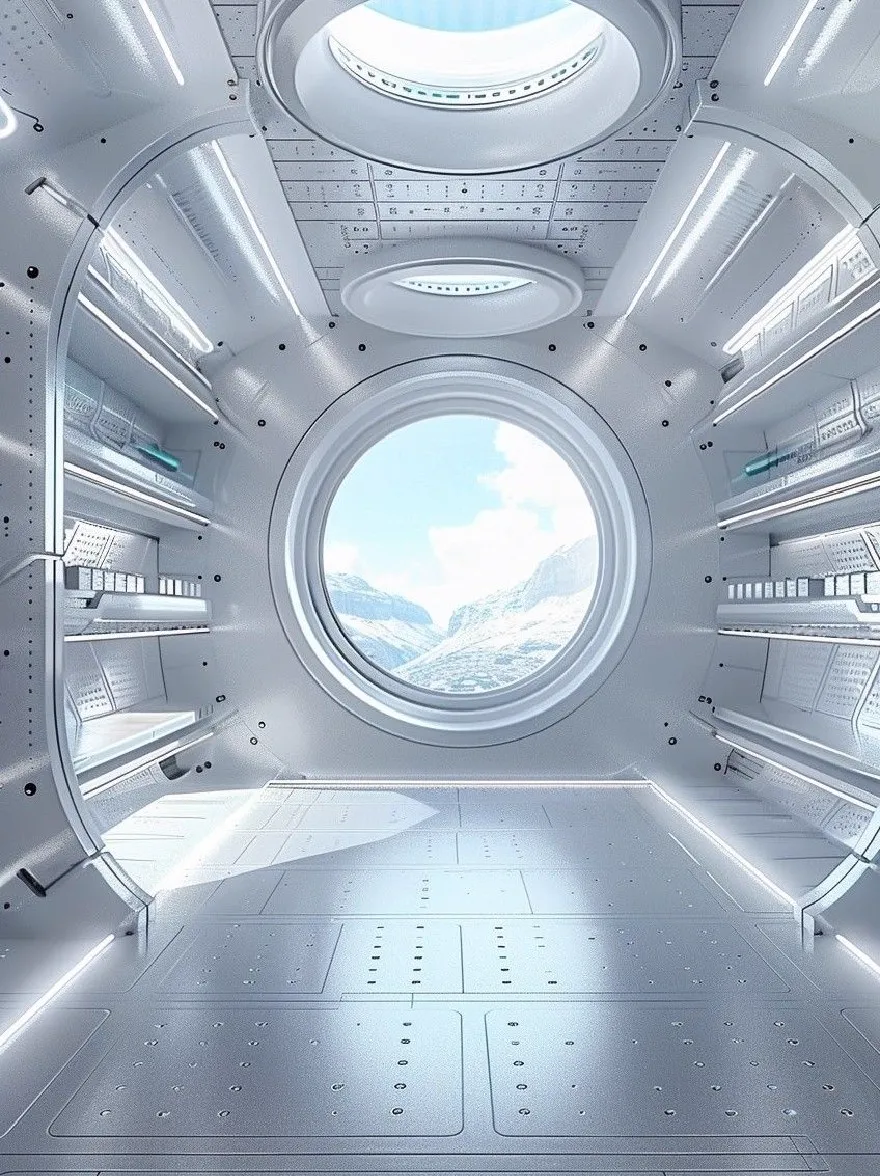 Русский промпт: Футуристический научно-фантастический коридор с большим круглым окном в центре, позволяющее увидеть ярко-голубое небо с белыми облаками. Коридор изготовлен из металлических панелей и имеет полки с обеих сторон, обеспечивая достаточно места для хранения. Освещение яркое и равномерное, набрав теплое сияние на стенах и пола. Общий дизайн гладкий и современный, с футуристическим чувством. | Original prompt: A futuristic, sci-fi corridor with a large round window in the center, allowing a bright blue sky with white clouds to be seen through. The corridor is made of metallic panels and has shelves on either side, providing ample storage space. The lighting is bright and even, casting a warm glow on the walls and floor. The overall design is sleek and modern, with a futuristic feel.