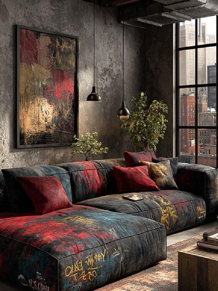 Русский промпт: Современная промышленная гостиная с большой абстрактной картиной на стене, большой секционный диван с шезлонгом в центре и коврик на полу. Диван обитан в разноцветной текстурированной ткани с смесью красного, синего и черного цвета. В комнате есть деревенское промышленное ощущение с открытыми бетонными стенами и большое окно, которое открывает вид на городской горизонт снаружи. С обеих сторон дивана есть два растения в горшках, добавляя прикосновение зелени в пространство. Освещение мягкое и теплое, создавая уютную атмосферу. Общий дизайн является минималистичным и минималистичным, с акцентом на текстуры и узоры. | Original prompt: A modern industrial living room with a large, abstract painting on the wall, a large sectional sofa with a chaise lounger in the center, and a rug on the floor. The sofa is upholstered in a multicolored, textured fabric with a mix of red, blue, and black colors. The room has a rustic, industrial feel with exposed concrete walls and a large window that offers a view of the city skyline outside. There are two potted plants on either side of the sofa, adding a touch of greenery to the space. The lighting is soft and warm, creating a cozy atmosphere. The overall design is minimalistic and minimalistic, with a focus on textures and patterns.