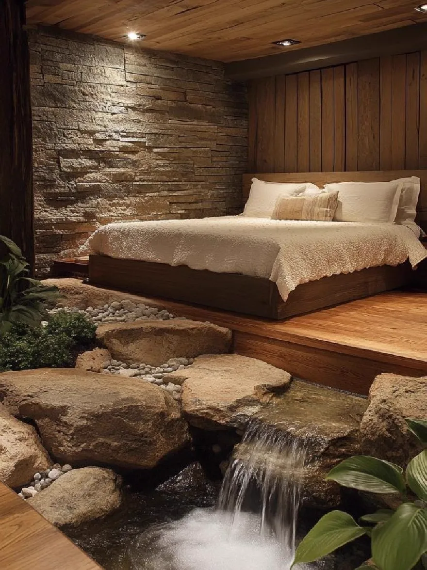Русский промпт: Деревенская спальня с каменной стеной и деревянными панелями, деревянная платформа и небольшой водопад, каскадный вниз по камням. Кровать изготовлена из дерева и имеет белый утешитель и подушки. Комната освещена утопленным освещением, создавая теплую и привлекательную атмосферу. Стены сделаны из камня, что придает комнате уютное и деревенское чувство. Водопад добавляет прикосновение безмятежности и спокойствия в пространство. Деревянная платформа обеспечивает прочную основу для кровати, в то время как натуральная каменная стена обеспечивает естественный фон. Общий дизайн современный и привлекательный, идеально подходит для расслабляющих и развлекательных гостей. | Original prompt: A rustic bedroom with a stone wall and wooden paneling, a wooden platform bed, and a small waterfall cascading down the rocks. The bed is made of wood and has a white comforter and pillows. The room is illuminated by recessed lighting, creating a warm and inviting atmosphere. The walls are made of stone, giving the room a cozy and rustic feel. The waterfall adds a touch of serenity and tranquility to the space. The wooden platform provides a sturdy base for the bed, while the natural stone wall provides a natural backdrop. The overall design is modern and inviting, perfect for relaxing and entertaining guests.