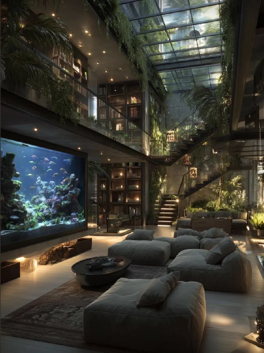 Русский промпт: Современная, роскошная гостиная с большим аквариумом в центре, окруженная пышной зеленью и растениями. Аквариум заполнен красочной рыбой и растениями, а комната освещается естественным светом с стеклянной крыши. Стены изготовлены из бетона, а пол изготовлен из темного дерева. Комната оснащена удобными диванами, журнальным столиком и ковриком, создающим уютную и привлекательную атмосферу. Атмосфера дополнительно усиливается наличием растений и книжных полок, наполненных книгами, добавляя природную красоту пространства. | Original prompt: A modern, luxurious living room with a large aquarium in the center, surrounded by lush greenery and plants. The aquarium is filled with colorful fish and plants, and the room is illuminated by natural light from the glass roof. The walls are made of concrete and the floor is made of dark wood. The room is furnished with comfortable sofas, a coffee table, and a rug, creating a cozy and inviting atmosphere. The atmosphere is further enhanced by the presence of plants and bookshelves filled with books, adding to the natural beauty of the space.
