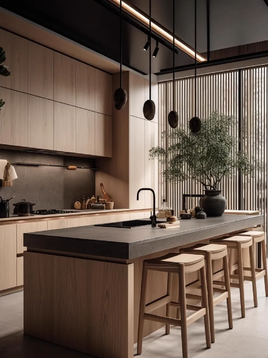 Русский промпт: Современная минималистская кухня с деревянными шкафами и большой остров в центре. У острова есть черная раковина и горшечное растение на вершине. Кухня оснащена газовой плитой, раковиной и различной кухонной посудой. Стены изготовлены из светлых деревянных панелей, а пол изготовлен из бетона. Освещение мягкое и теплое, создавая уютную атмосферу. Общий дизайн минималистичный и современный. | Original prompt: A modern, minimalist kitchen with wooden cabinets and a large island in the center. The island has a black sink and a potted plant on top. The kitchen is equipped with a gas stove, a sink, and various kitchen utensils. The walls are made of light-colored wood panels, and the floor is made of concrete. The lighting is soft and warm, creating a cozy atmosphere. The overall design is minimalistic and contemporary.