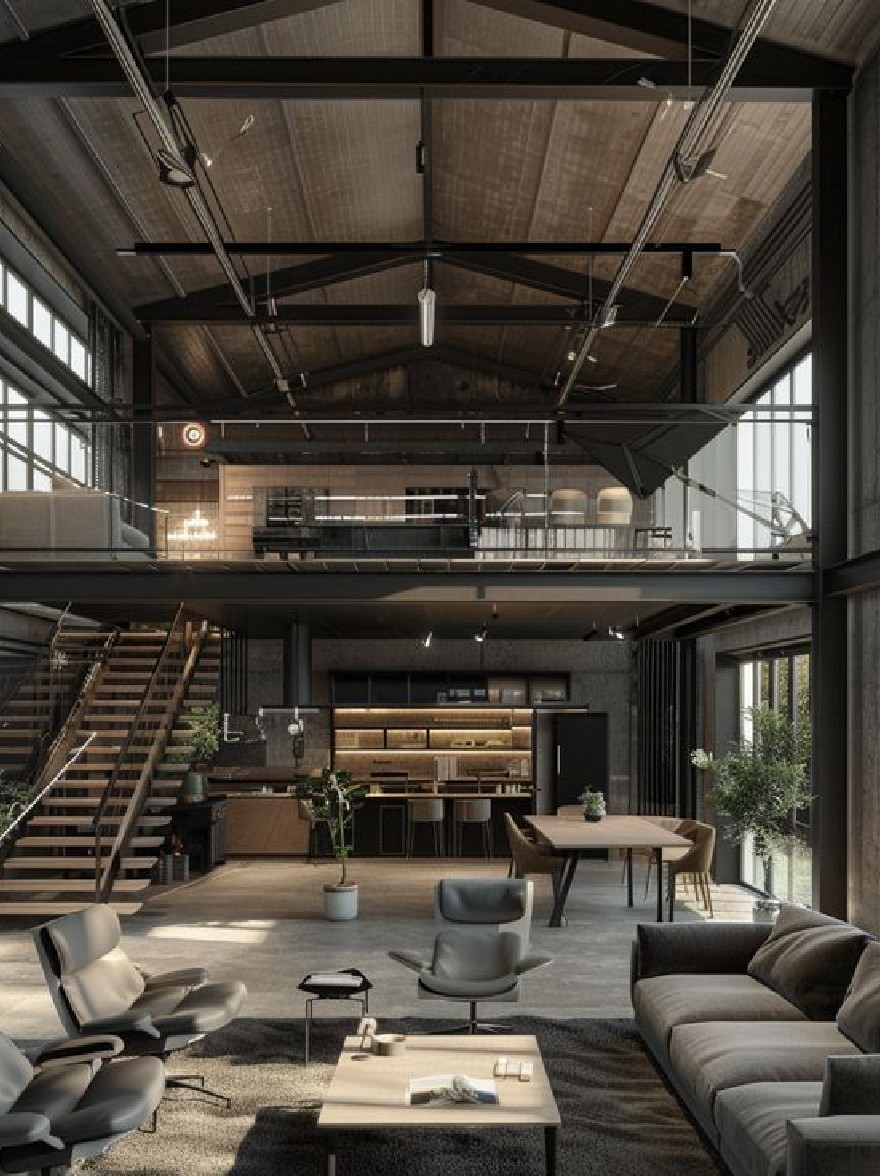 Русский промпт: Большой промышленный чердак с деревенским, промышленным ощущением. Комната просторная и хорошо освещенная с естественным светом, проходящим через большие окна, позволяя естественному свету профильтровать. Стены изготовлены из бетона и имеют выветрившийся, промышленный вид. Есть несколько предметов мебели, в том числе диван, стулья и журнальный столик, расположенный вокруг центра комнаты. Пол покрыт серого коврика, а по всему пространству разбросано несколько растений в горшках. На левой стороне изображения есть лестница, ведущая на второй этаж, которая приводит к кухне с приборами из нержавеющей стали и столешницы. Общая атмосфера яркая и воздушная, с большим количеством естественного света, транслируемого через большие окна. | Original prompt: A large industrial loft with a rustic, industrial feel. The room is spacious and well-lit with natural light coming through large windows, allowing natural light to filter through. The walls are made of concrete and have a weathered, industrial look. There are several pieces of furniture, including a sofa, chairs, and a coffee table, arranged around the center of the room. The floor is covered with a gray area rug, and there are several potted plants scattered throughout the space. On the left side of the image, there is a staircase leading to the second floor, which leads to a kitchen with stainless steel appliances and a countertop. The overall atmosphere is bright and airy, with plenty of natural light streaming in through the large windows.