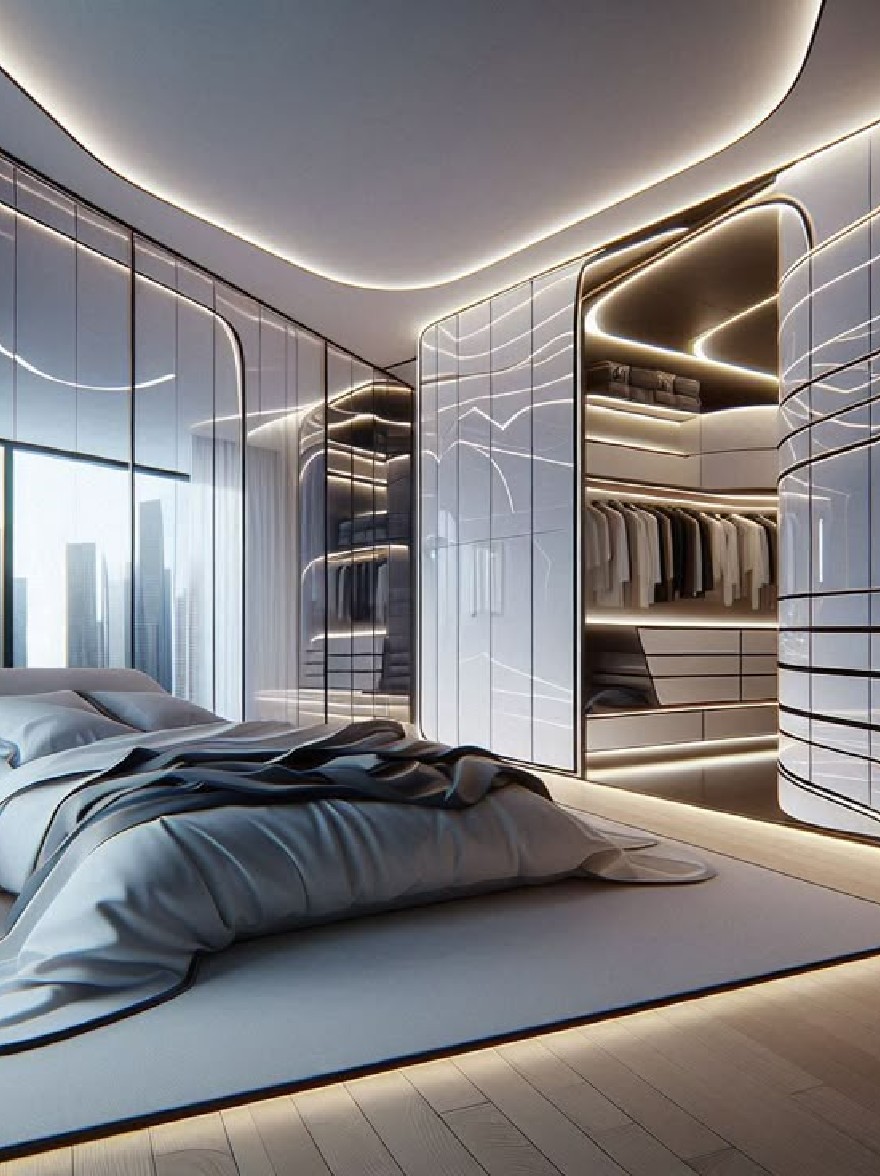 Русский промпт: Современная минималистская спальня с минималистским дизайном. В номере есть большое окно с видом на горизонт города, что позволяет естественному свету заполнить пространство. Стены изготовлены из матовых стеклянных панелей, а пол изготовлен из светлого дерева. На левой стороне комнаты есть белая кровать с серым одеялом и подушками, и белый боковой стол с небольшим растением сверху. В шкафу есть раздвижные двери, которые открываются, чтобы показать гардероб с одеждой, аккуратно расположенной внутри. Освещение мягкое и теплое, создавая уютную атмосферу. Общая цветовая схема нейтральная, с оттенками серого и белого. | Original prompt: A modern, minimalist bedroom with a minimalist design. The room features a large window with a city skyline view, allowing natural light to fill the space. The walls are made of frosted glass panels, and the floor is made of light-colored wood. On the left side of the room, there is a white bed with a gray blanket and pillows, and a white side table with a small plant on top. The closet has sliding doors that open to reveal a walk-in wardrobe with clothes neatly arranged inside. The lighting is soft and warm, creating a cozy atmosphere. The overall color scheme is neutral, with shades of gray and white.
