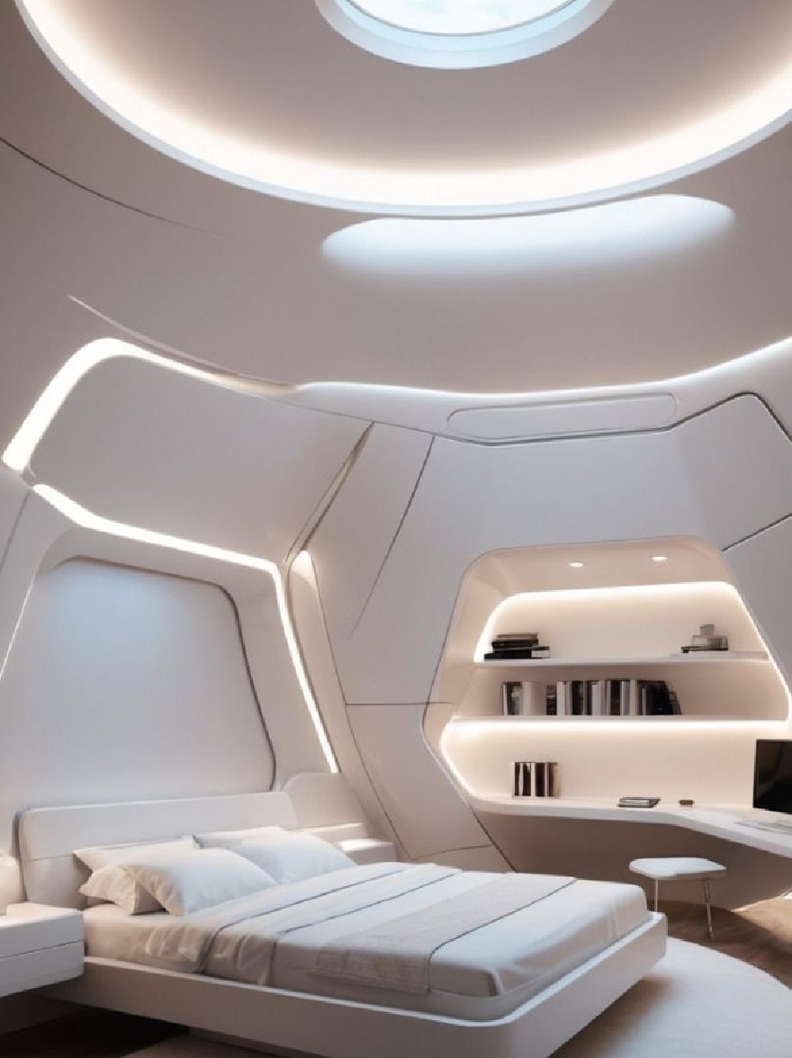 Русский промпт: Современная минималистская спальня с круговым окном в крыше с гладким, футуристическим дизайном. Стены окрашены в светло -серого цвета, а потолок украшен утопленным освещением. Кровать состоит из белого постельного белья и подушек, а круглый белый коврик покрывает паркетные полы. На правой стороне комнаты есть встроенный стол с компьютерным монитором и полками, заполненными книгами и другими предметами. Общая эстетика минималистичная и современная. | Original prompt: A modern, minimalist bedroom with a circular skylight above the bed, featuring a sleek, futuristic design. The walls are painted in a light grey color, and the ceiling is adorned with recessed lighting. The bed is made up with white linens and pillows, and a round, white rug covers the hardwood floor. On the right side of the room, there is a built-in desk with a computer monitor and shelves filled with books and other items. The overall aesthetic is minimalistic and contemporary.