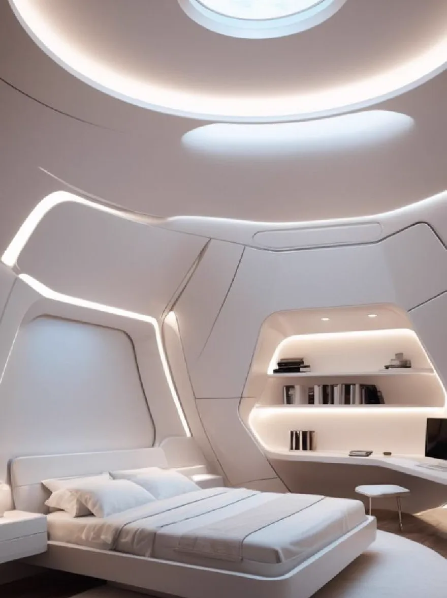 Русский промпт: Современная минималистская спальня с круговым окном в крыше с гладким, футуристическим дизайном. Стены окрашены в светло -серого цвета, а потолок украшен утопленным освещением. Кровать состоит из белого постельного белья и подушек, а круглый белый коврик покрывает паркетные полы. На правой стороне комнаты есть встроенный стол с компьютерным монитором и полками, заполненными книгами и другими предметами. Общая эстетика минималистичная и современная. | Original prompt: A modern, minimalist bedroom with a circular skylight above the bed, featuring a sleek, futuristic design. The walls are painted in a light grey color, and the ceiling is adorned with recessed lighting. The bed is made up with white linens and pillows, and a round, white rug covers the hardwood floor. On the right side of the room, there is a built-in desk with a computer monitor and shelves filled with books and other items. The overall aesthetic is minimalistic and contemporary.