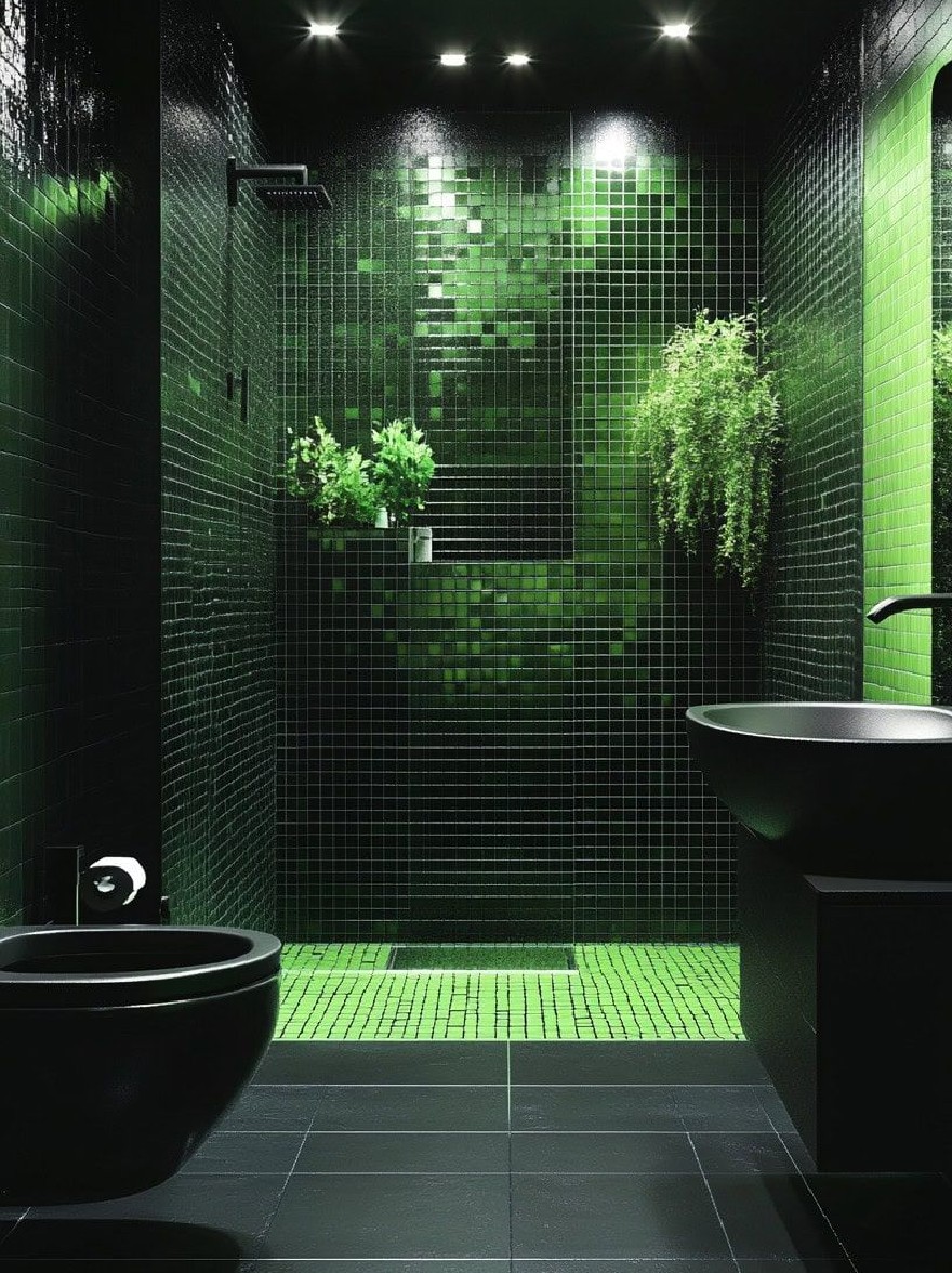 Русский промпт: Современная ванная комната с минималистским дизайном с черной и зелеными плитками на стенах и пола, большая черная ванна с левой стороны, две белые раковины с правой стороны, душ посередине и зеленые растения на стене. Освещение смутно освещено утопленным освещением, создавая капризную атмосферу. Общий дизайн гладкий и минималистичный, с акцентом на контраст между темными плитками и ярко -зелеными растениями. Изображение высококачественное и имеет водяной знак в правом нижнем углу. | Original prompt: A modern bathroom with a minimalist design, featuring black and green tiles on the walls and floor, a large black bathtub on the left side, two white sinks on the right side, a walk-in shower in the middle, and green plants on the wall. The lighting is dimly lit with recessed lighting, creating a moody atmosphere. The overall design is sleek and minimalistic, with a focus on the contrast between the dark tiles and the bright green plants. The image is high quality and has a watermark in the bottom right corner.
