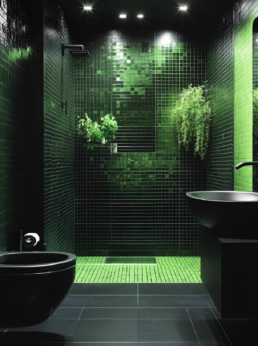 Русский промпт: Современная ванная комната с минималистским дизайном с черной и зелеными плитками на стенах и пола, большая черная ванна с левой стороны, две белые раковины с правой стороны, душ посередине и зеленые растения на стене. Освещение смутно освещено утопленным освещением, создавая капризную атмосферу. Общий дизайн гладкий и минималистичный, с акцентом на контраст между темными плитками и ярко -зелеными растениями. Изображение высококачественное и имеет водяной знак в правом нижнем углу. | Original prompt: A modern bathroom with a minimalist design, featuring black and green tiles on the walls and floor, a large black bathtub on the left side, two white sinks on the right side, a walk-in shower in the middle, and green plants on the wall. The lighting is dimly lit with recessed lighting, creating a moody atmosphere. The overall design is sleek and minimalistic, with a focus on the contrast between the dark tiles and the bright green plants. The image is high quality and has a watermark in the bottom right corner.