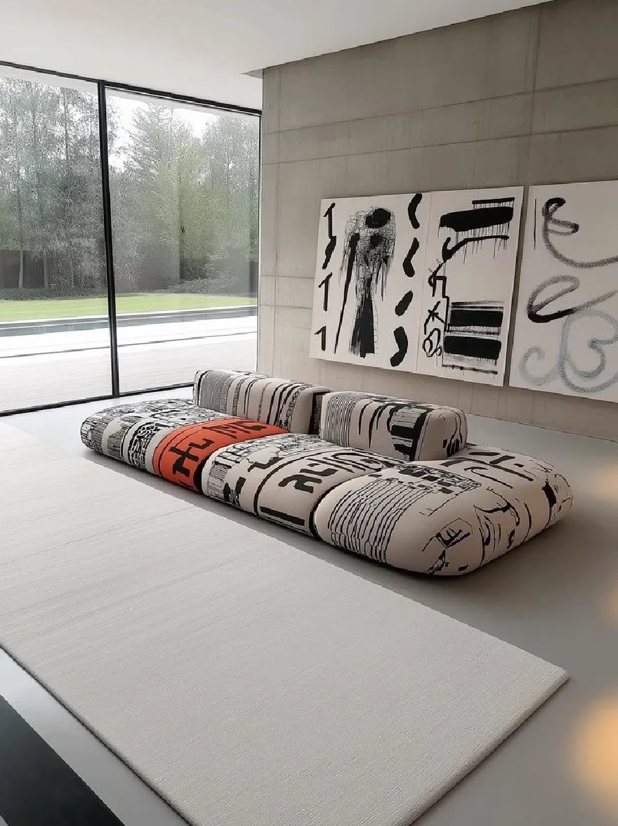 Русский промпт: Современная минималистская гостиная с минималистским дизайном. В комнате есть большая раздвижная стеклянная дверь, которая ведет к травянистую зону снаружи. На правой стороне комнаты есть две большие абстрактные картины с черно -белыми мазками. Стены изготовлены из бетона, а пол покрыт белым ковром. Диван обилен в ткани с рисунком с оранжевыми акцентами. Освещение мягкое и естественное, набрав теплое сияние на комнату. Общая эстетика является современной и минималистичной. | Original prompt: A modern minimalist living room with a minimalist design. The room has a large sliding glass door that leads to a grassy area outside. On the right side of the room, there are two large abstract paintings with black and white brushstrokes. The walls are made of concrete, and the floor is covered with a white rug. The sofa is upholstered in a patterned fabric with orange accents. The lighting is soft and natural, casting a warm glow on the room. The overall aesthetic is contemporary and minimalistic.