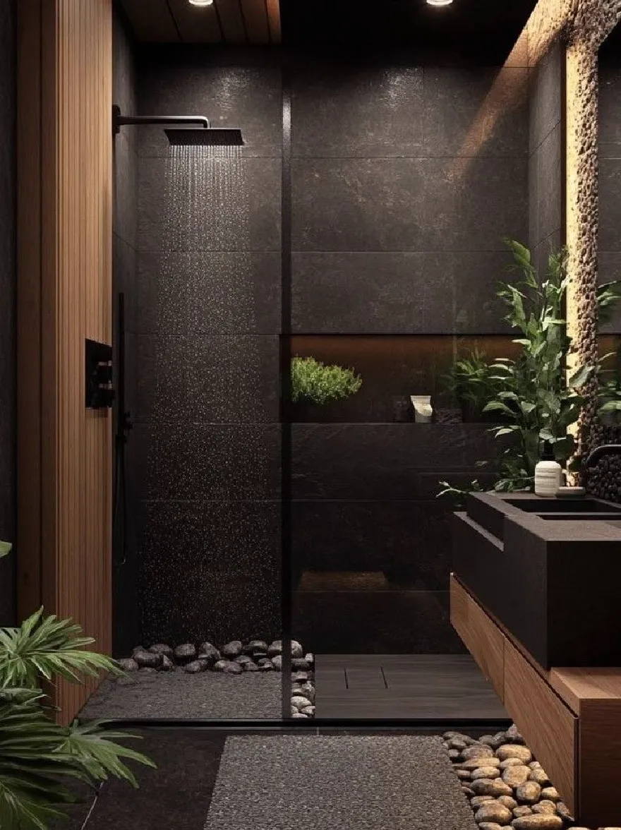 Русский промпт: Современная ванная комната с минималистским дизайном с душевом из стеклянной двери и черным плиткой, окруженной галькой и растениями. На правой стороне изображения есть деревянное тщеславие с раковиной и зеркалом, а на левой стороне есть горшечные растения, добавляющие прикосновение зелени. Освещение смутно освещено, создавая теплую и привлекательную атмосферу. Стены сделаны из темной текстурированной плитки, а пол покрыт серого коврика. Душевая зона заключена в стеклянную стену, с водой, каскадной из душевой головы. Общая эстетика гладкая и современная, с акцентом на естественные элементы и текстуры. | Original prompt: A modern bathroom with a minimalist design, featuring a walk-in shower with a glass door and a black tiled floor, surrounded by pebbles and plants. On the right side of the image, there is a wooden vanity with a sink and a mirror, and on the left side, there are potted plants adding a touch of greenery. The lighting is dimly lit, creating a warm and inviting atmosphere. The walls are made of dark, textured tiles, and the floor is covered with a gray rug. The shower area is enclosed by a glass wall, with water cascading down from the showerhead. The overall aesthetic is sleek and contemporary, with a focus on natural elements and textures.