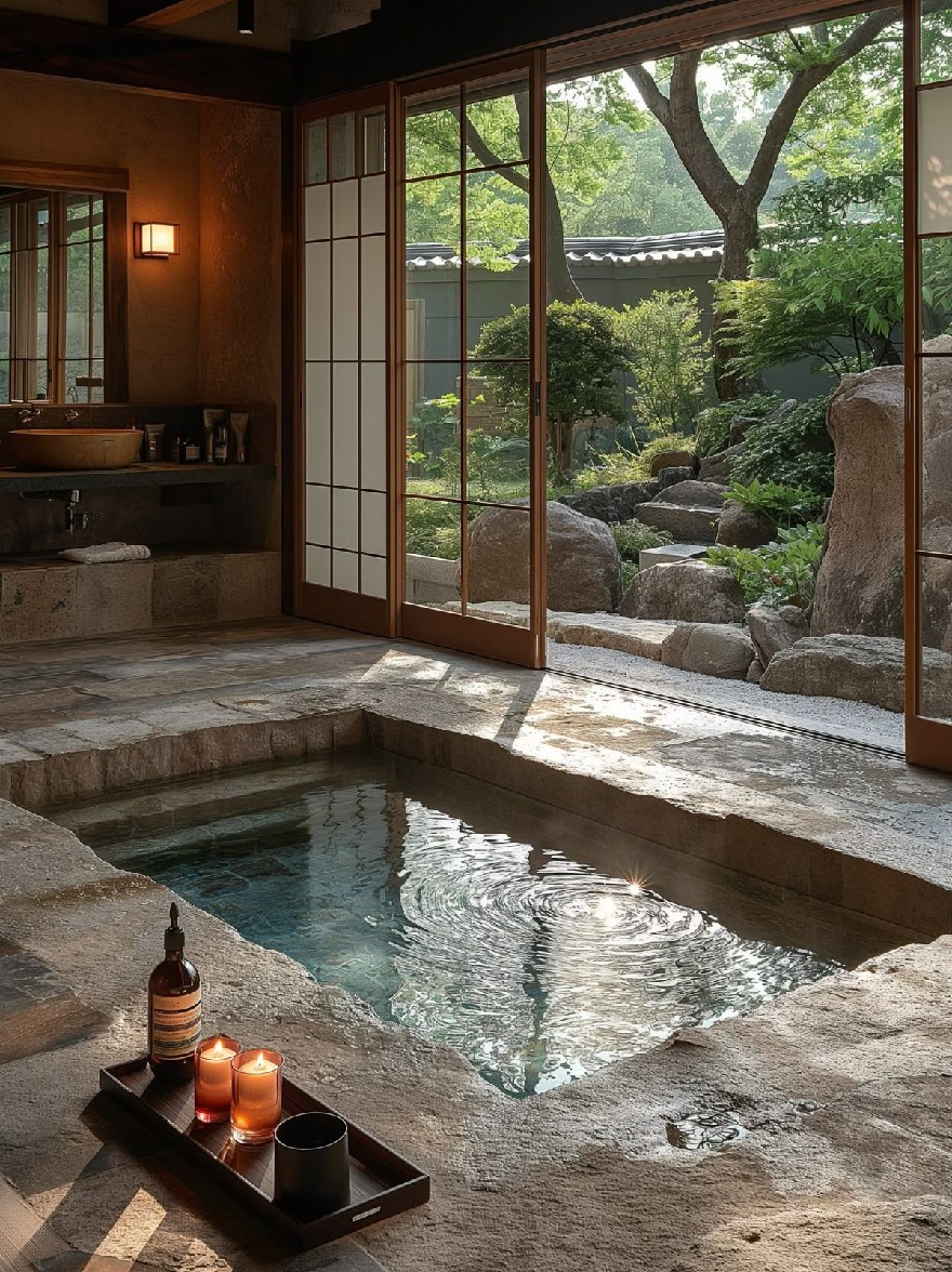 Русский промпт: Спокойная ванная комната в японском стиле с горячим источником в центре, окруженная безмятежным садом. Стены сделаны из камня, а пол покрыт мягким, текстурированным ковром. На левой стороне изображения есть деревянный поднос с бутылкой и двумя свечами, наносящими на него мирную атмосферу. Комната освещена естественным светом, проходящим через раздвижные стеклянные двери, которые ведут в пышный зеленый сад с камнями и деревьями. Общая эстетика спокойная и привлекательная, с чувством расслабления и спокойствия. | Original prompt: A tranquil Japanese-style bathroom with a hot spring in the center, surrounded by a serene garden. The walls are made of stone, and the floor is covered with a soft, textured rug. On the left side of the image, there is a wooden tray with a bottle and two candles placed on it, creating a peaceful atmosphere. The room is illuminated by natural light coming through sliding glass doors that lead to a lush, green garden with rocks and trees. The overall aesthetic is tranquil and inviting, with a sense of relaxation and tranquility.