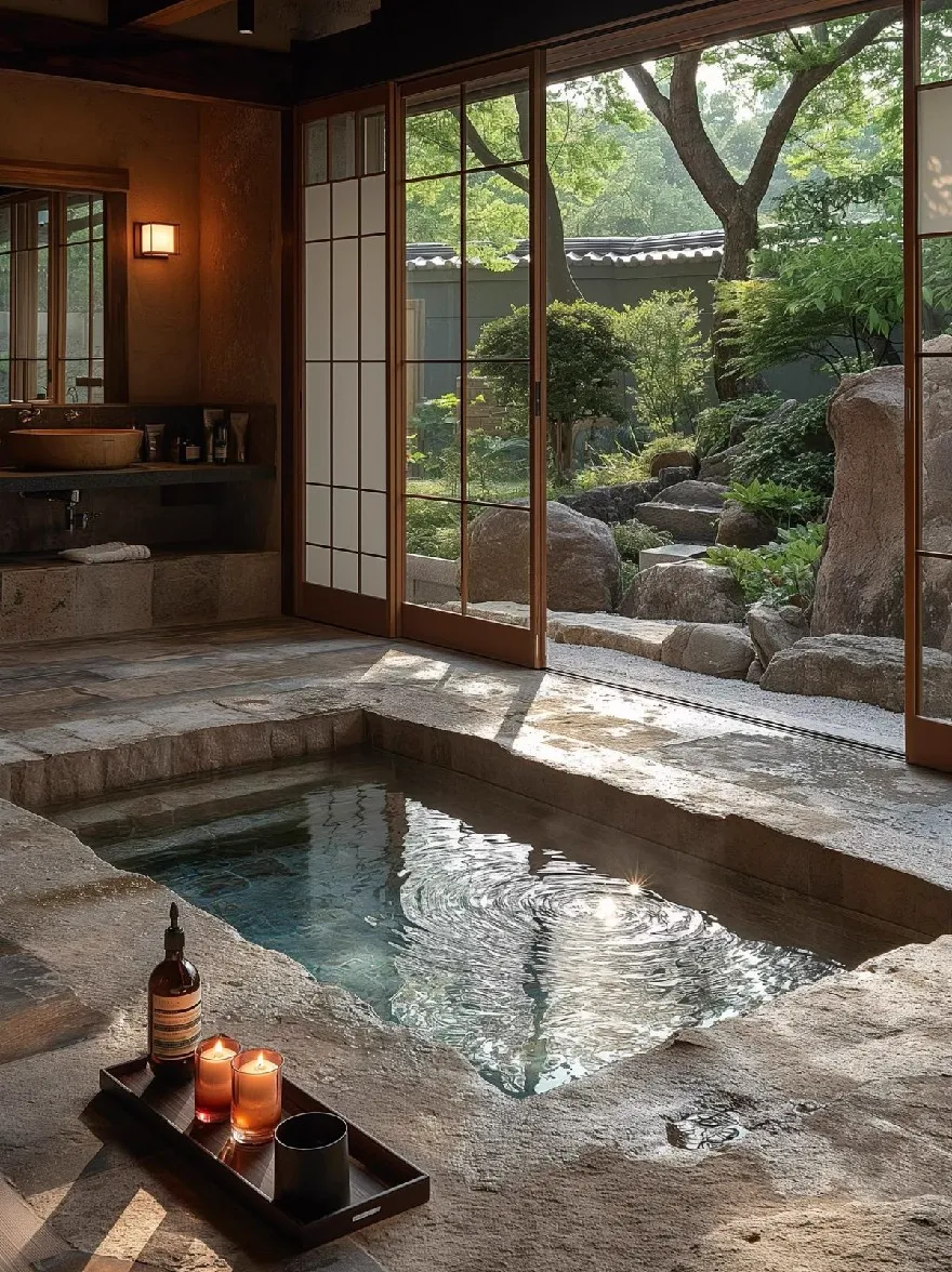 Русский промпт: Спокойная ванная комната в японском стиле с горячим источником в центре, окруженная безмятежным садом. Стены сделаны из камня, а пол покрыт мягким, текстурированным ковром. На левой стороне изображения есть деревянный поднос с бутылкой и двумя свечами, наносящими на него мирную атмосферу. Комната освещена естественным светом, проходящим через раздвижные стеклянные двери, которые ведут в пышный зеленый сад с камнями и деревьями. Общая эстетика спокойная и привлекательная, с чувством расслабления и спокойствия. | Original prompt: A tranquil Japanese-style bathroom with a hot spring in the center, surrounded by a serene garden. The walls are made of stone, and the floor is covered with a soft, textured rug. On the left side of the image, there is a wooden tray with a bottle and two candles placed on it, creating a peaceful atmosphere. The room is illuminated by natural light coming through sliding glass doors that lead to a lush, green garden with rocks and trees. The overall aesthetic is tranquil and inviting, with a sense of relaxation and tranquility.