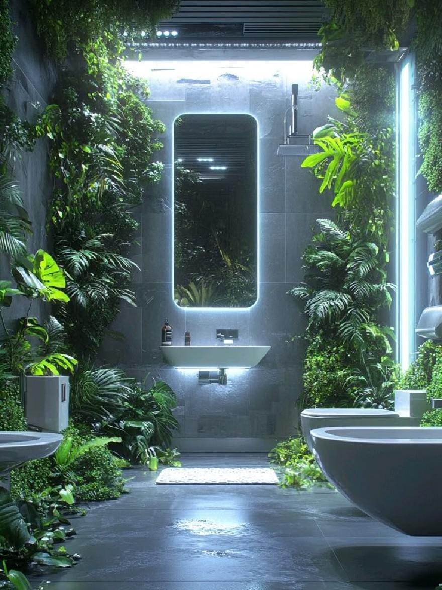 Русский промпт: Футуристическая ванная комната с минималистским дизайном с минималистской эстетикой. Стены покрыты пышными зелеными растениями, с большим зеркалом в центре, отражающим свет и создавая успокаивающую атмосферу. Пол изготовлен из темно -серых плиток, а по обе стороны от зеркала есть две белые раковины. Освещение мягкое и теплое, создавая мирную атмосферу. Общий эффект - это природная красота и безмятежность. | Original prompt: A futuristic bathroom with a minimalist design, featuring a minimalist aesthetic. The walls are covered in lush green plants, with a large mirror in the center, reflecting the light and creating a calming atmosphere. The floor is made of dark grey tiles, and there are two white pedestal sinks on either side of the mirror. The lighting is soft and warm, creating a peaceful ambiance. The overall effect is one of natural beauty and serenity.