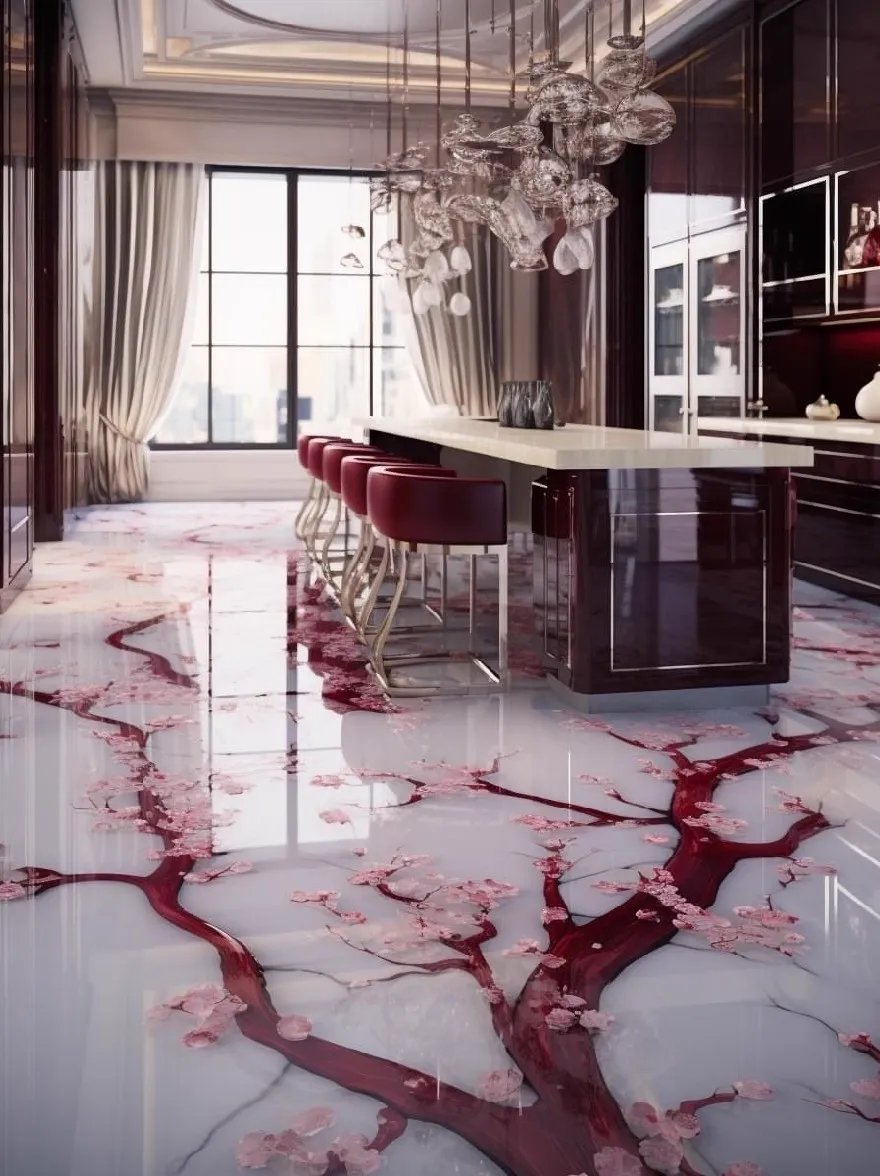 Русский промпт: Роскошная кухня с большим окном, которая позволяет естественному свету войти в комнату. Пол изготовлен из белого мрамора с глянцевой отделкой, а стены сделаны из темного дерева. В центре комнаты вокруг нее расположена белая мраморная столешница с красным стулом. Над столешницей на потолке висит большая хрустальная люстра, добавляя прикосновение элегантности в пространство. Комната украшена рисунком дерева вишневого цвета на мраморном поле, что придает ему уникальный и элегантный вид. Общая эстетика сложна и сложна. | Original prompt: A luxurious kitchen with a large window that allows natural light to enter the room. The floor is made of white marble with a glossy finish, and the walls are made of dark wood. On the center of the room, there is a white marble countertop with red stools arranged around it. Above the countertop, a large crystal chandelier hangs from the ceiling, adding a touch of elegance to the space. The room is decorated with a cherry blossom tree pattern on the marble floor, giving it a unique and elegant look. The overall aesthetic is sophisticated and sophisticated.