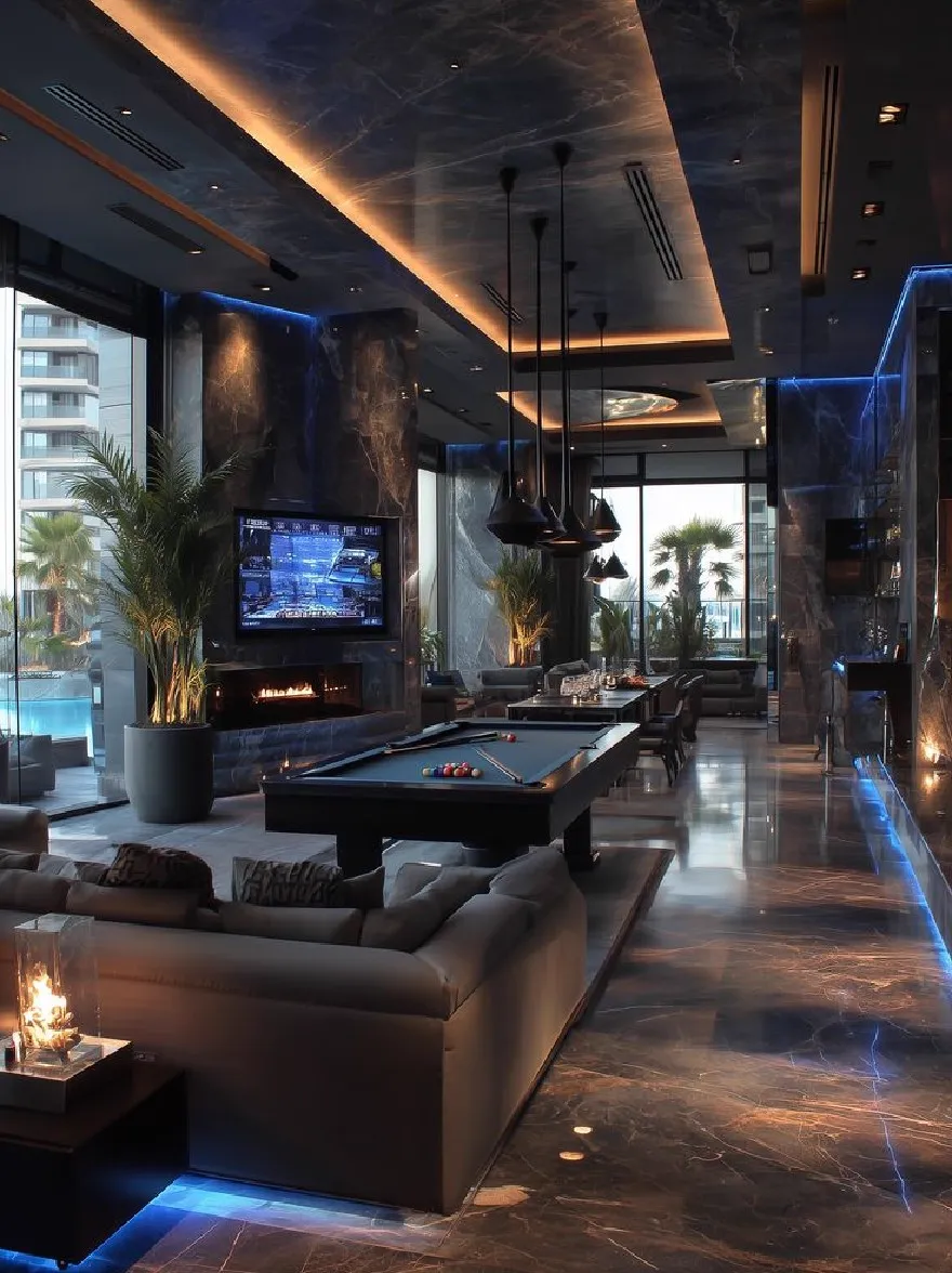 Русский промпт: Современная, роскошная гостиная с бассейном в центре, окруженная темными мраморными стенами и полами. Комната имеет высокий потолок с утопленным освещением и большой плоский телевизор, установленный на стене. Бассейный стол покрыт черной тканью, на нем есть несколько сигналов бассейна и шариков. По обе стороны от бассейна есть большие окна, которые предлагают вид на городской пейзаж на улице. С левой стороны есть камин с ярко -ярко -огнем. Освещение драматично, с синим освещением, создающим теплую и привлекательную атмосферу. Общий дизайн гладкий и изысканный, со смесью современных и современных элементов. | Original prompt: A modern, luxurious living room with a pool table in the center, surrounded by dark marble walls and flooring. The room has a high ceiling with recessed lighting and a large flat screen TV mounted on the wall. The pool table is covered with a black cloth and there are several pool cues and balls on it. On either side of the pool table, there are large windows that offer a view of the cityscape outside. On the left side, there is a fireplace with a fire burning brightly. The lighting is dramatic, with blue lighting creating a warm and inviting atmosphere. The overall design is sleek and sophisticated, with a mix of modern and contemporary elements.