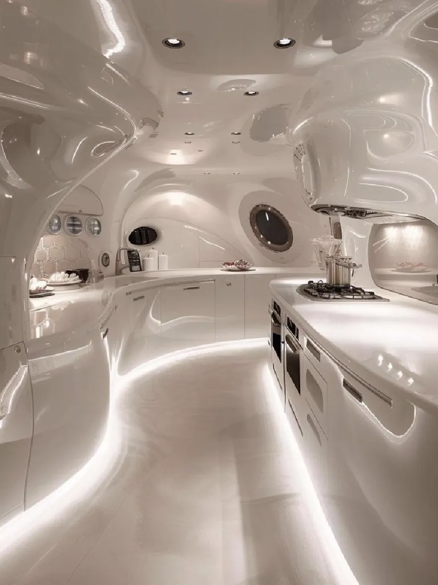 Русский промпт:  | Original prompt: A sleek, futuristic kitchen with a minimalist design, featuring white cabinets, a sleek countertop, and a long, curved floor. The kitchen is illuminated by soft, ambient lighting, creating a warm and inviting atmosphere. The walls are lined with circular windows, allowing natural light to filter in and illuminate the space. The floor is made of smooth, glossy white tiles, giving the kitchen a luxurious feel. The overall design is sleek and contemporary, with a focus on innovation and sophistication.