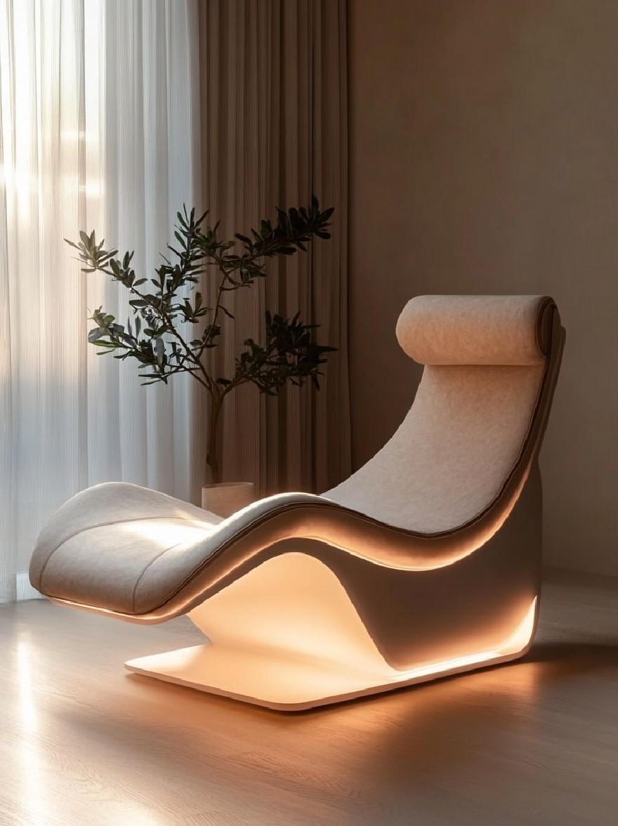 Русский промпт: Современное минималистское кресло для отдыха с изогнутым, изогнутым дизайном и светлым сиденьем и спинкой ткани, расположенным на деревянном полу в яркой солнечной комнате. Стул расположен в центре комнаты, с небольшим горшечным растением на правой стороне. В комнате бежевые стены и чистые белые занавески, создавая теплую и привлекательную атмосферу. Освещение мягкое и естественное, набрав теплое сияние на стул и окружающую среду. Общая эстетика минималистичная и современная. | Original prompt: A modern, minimalist lounge chair with a curved, curved design and a light-colored fabric seat and backrest, placed on a wooden floor in a bright, sunlit room. The chair is positioned in the center of the room, with a small potted plant on the right side. The room has beige walls and sheer white curtains, creating a warm and inviting atmosphere. The lighting is soft and natural, casting a warm glow on the chair and the surrounding area. The overall aesthetic is minimalistic and contemporary.