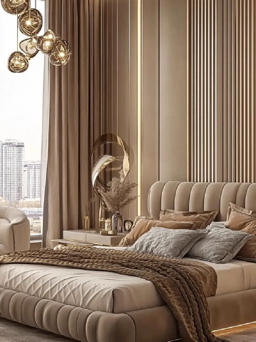 Русский промпт: Роскошная спальня с большой, тафтированной кроватью в центре, окруженная плюшевым, бежевым постельным бельем и роскошными подушками для броска. Стены украшены вертикальными, теплыми тонами бежевого и золотого, создавая сложную и элегантную атмосферу. Большое окно предлагает панорамный вид на городской горизонт, позволяя естественному свету затопить комнату. На потолке висит люстра, добавляя оттенки изысканности в пространство. По обе стороны от кровати есть две тумбочки с декоративными предметами, добавляя роскошное ощущение. Общий дизайн современный и сложный, идеально подходит для любого дома. | Original prompt: A luxurious bedroom with a large, tufted bed in the center, surrounded by plush, beige linens and luxurious throw pillows. The walls are adorned with vertical, warm tones of beige and gold, creating a sophisticated and elegant atmosphere. A large window offers a panoramic view of a city skyline, allowing natural light to flood the room. A chandelier hangs from the ceiling, adding a touch of sophistication to the space. On either side of the bed, there are two nightstands with decorative items, adding to the luxurious feel. The overall design is modern and sophisticated, perfect for any home.