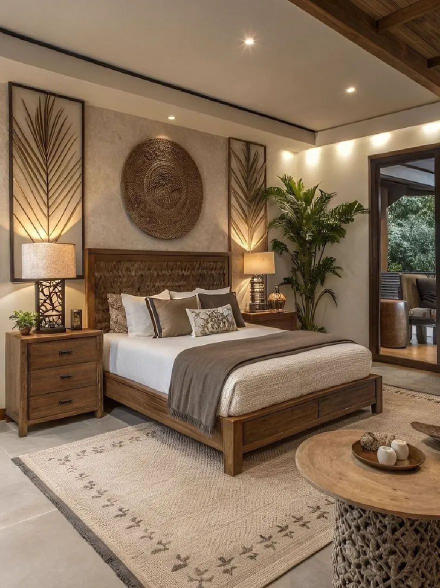 Русский промпт: Роскошная спальня с большой деревянной кроватью с темно -коричневым изголовью и белым постельным бельем, окруженная двумя деревянными тумбочками с лампами с обеих сторон. Стены украшены ткаными панелями ротана, а потолок имеет утопленное освещение. Пол покрыт бежевым ковриком с геометрическим рисунком. В центре комнаты есть круглый деревянный журнальный столик с подносом с белыми чашками и блюдцами на вершине. В комнате есть тропический вид с естественным светом, проходящим через раздвижной стеклянный дверь, который ведет во внутренний дворик с зеленью на улице. Общая цветовая схема теплая и привлекательная, с нейтральными тонами и текстурами. | Original prompt: A luxurious bedroom with a large wooden bed with a dark brown headboard and white linens, flanked by two wooden nightstands with lamps on either side. The walls are decorated with woven rattan panels, and the ceiling has recessed lighting. The floor is covered with a beige area rug with a geometric pattern. There is a round wooden coffee table in the center of the room, with a tray of white cups and saucers on top. The room has a tropical feel with natural light coming through a sliding glass door that leads to a patio with greenery outside. The overall color scheme is warm and inviting, with neutral tones and textures.