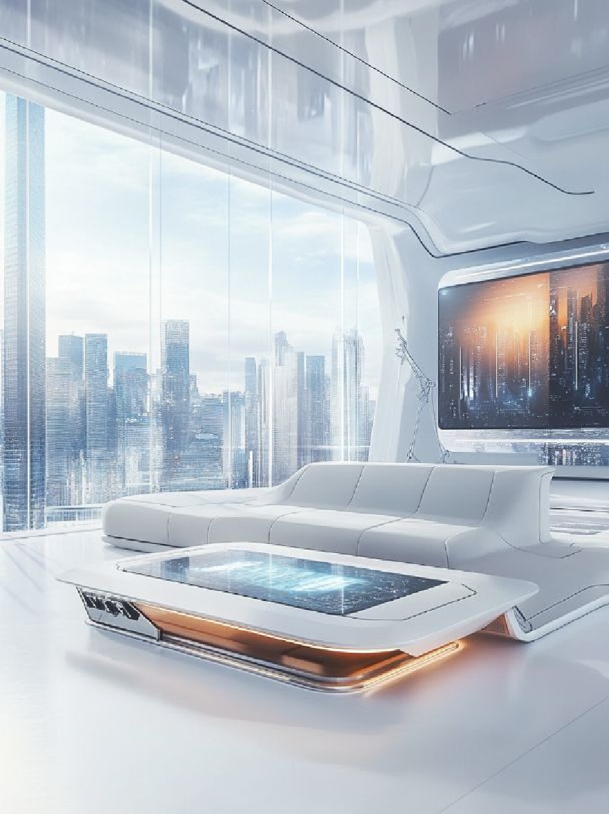 Русский промпт: Футуристическая, футуристическая гостиная с большим окном с видом на городской горизонт. В комнате есть гладкий, минималистский дизайн с белым кожаным диваном и современным гладким журнальным столиком в центре. Кофейный столик имеет сенсорный экран, а комната освещается ярким, окружающим освещением. На правой стороне комнаты на стене установлен большой телевизор с плоским экраном, демонстрирующий городской пейзаж с высокими зданиями и ясное голубое небо. Общая эстетика является минималистичной и современной, с акцентом на технологии и инновации. | Original prompt: A futuristic, futuristic living room with a large window overlooking a city skyline. The room has a sleek, minimalist design with a white leather sofa and a modern, sleek coffee table in the center. The coffee table has a touch screen display, and the room is illuminated by bright, ambient lighting. On the right side of the room, there is a large, flat-screen TV mounted on the wall, displaying a cityscape with tall buildings and a clear blue sky. The overall aesthetic is minimalistic and contemporary, with a focus on technology and innovation.