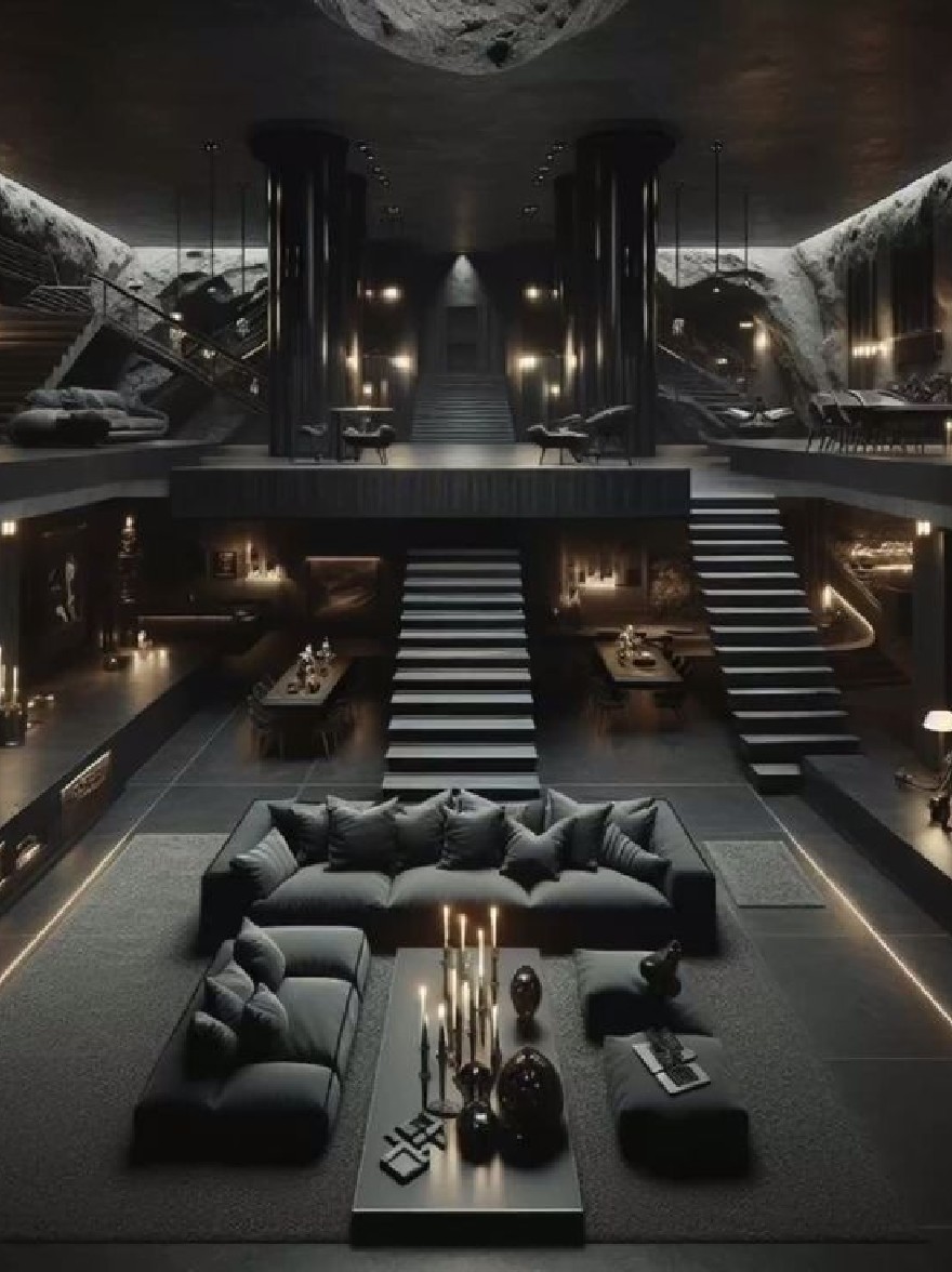 Русский промпт: Темная, роскошная гостиная с научной фантастической эстетикой. Комната смутно освещена теплым, окружающим освещением, создавая сложную и сложную атмосферу. Стены сделаны из камня, а пол покрыт шикарным, текстурированным ковром. В центре комнаты есть большой черный секционный диван с несколькими подушками, окруженный двумя высокими цилиндрическими колоннами. По обе стороны от дивана есть полки, заполненные различными предметами, включая свечи и декоративные предметы. Лестница приводит ко второму этажу, что приводит к большему, более интимному пространству. Общий дизайн напоминает кинотеатр или кинотеатр, со смесью современных и классических элементов. | Original prompt: A dark, luxurious living room with a sci-fi aesthetic. The room is dimly lit with warm, ambient lighting, creating a sophisticated and sophisticated atmosphere. The walls are made of stone, and the floor is covered with a plush, textured carpet. On the center of the room, there is a large, black sectional sofa with several pillows, flanked by two tall, cylindrical columns. On either side of the sofa, there are shelves filled with various objects, including candles and decorative items. The staircase leads to the second floor, which leads to a larger, more intimate space. The overall design is reminiscent of a movie theater or movie theater, with a mix of modern and classic elements.