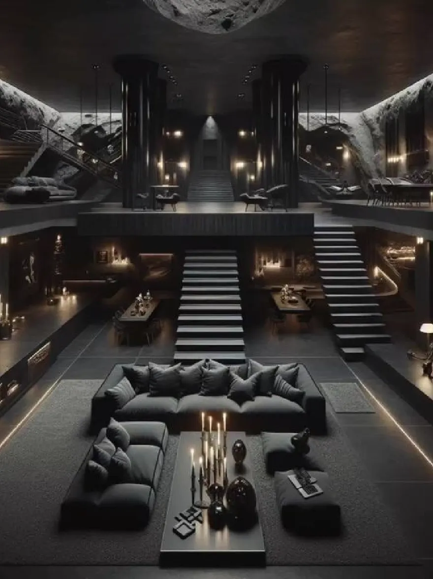Русский промпт: Темная, роскошная гостиная с научной фантастической эстетикой. Комната смутно освещена теплым, окружающим освещением, создавая сложную и сложную атмосферу. Стены сделаны из камня, а пол покрыт шикарным, текстурированным ковром. В центре комнаты есть большой черный секционный диван с несколькими подушками, окруженный двумя высокими цилиндрическими колоннами. По обе стороны от дивана есть полки, заполненные различными предметами, включая свечи и декоративные предметы. Лестница приводит ко второму этажу, что приводит к большему, более интимному пространству. Общий дизайн напоминает кинотеатр или кинотеатр, со смесью современных и классических элементов. | Original prompt: A dark, luxurious living room with a sci-fi aesthetic. The room is dimly lit with warm, ambient lighting, creating a sophisticated and sophisticated atmosphere. The walls are made of stone, and the floor is covered with a plush, textured carpet. On the center of the room, there is a large, black sectional sofa with several pillows, flanked by two tall, cylindrical columns. On either side of the sofa, there are shelves filled with various objects, including candles and decorative items. The staircase leads to the second floor, which leads to a larger, more intimate space. The overall design is reminiscent of a movie theater or movie theater, with a mix of modern and classic elements.
