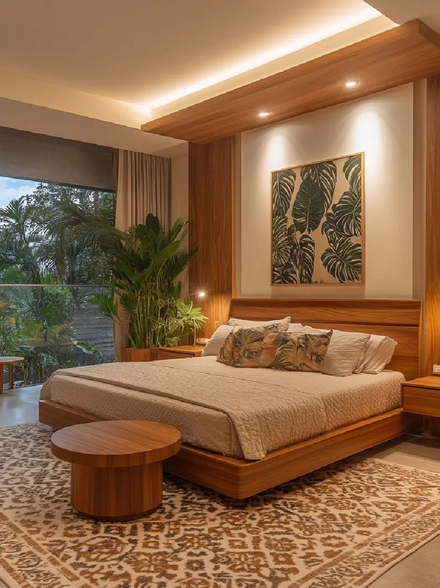 Русский промпт: Современная минималистская спальня с большой деревянной кроватью в центре, окруженная двумя деревянными тумбочками с обеих сторон. Кровать покрыта бежевым утешителем и несколькими декоративными подушками. В комнате есть большое окно с видом на пышную зелень снаружи, что позволяет естественному свету заполнить пространство. Стены окрашены в нейтральный цвет, а большая абстрактная картина висит над кроватью. Пол покрыт ковриком с рисунком, добавляя оттенку элегантности в комнату. Освещение мягкое и теплое, создавая уютную атмосферу. | Original prompt: A modern, minimalist bedroom with a large wooden bed in the center, flanked by two wooden nightstands on either side. The bed is covered with a beige comforter and several decorative pillows. The room has a large window with a view of lush greenery outside, allowing natural light to fill the space. The walls are painted in a neutral color, and a large, abstract painting hangs above the bed. The floor is covered in a patterned area rug, adding a touch of elegance to the room. The lighting is soft and warm, creating a cozy atmosphere.