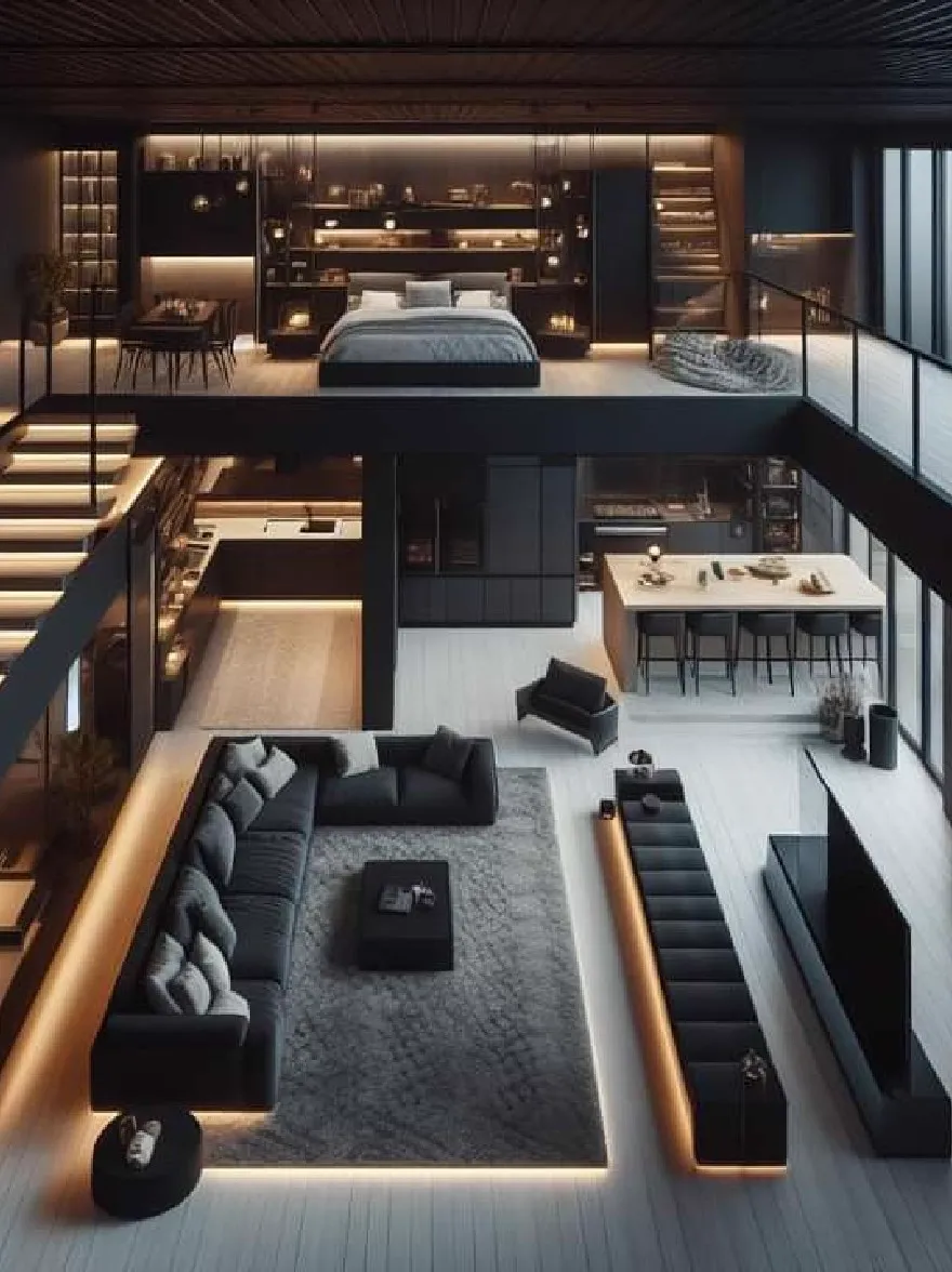 Русский промпт: Высоко детальная, современная минималистская гостиная с чердаком дизайном. Комната оснащена черной мебелью, в том числе большим секционным диваном с подушками, ковриком из серой области и черным журнальным столиком. Стены сделаны из дерева, а потолок изготовлен из темного дерева. Освещение тусклое, создавая теплую и привлекательную атмосферу. Есть лестница, ведущая на второй этаж, со стеклянными перилами, отделяющими ее от остальной части комнаты. Кухня и столовая видны на заднем плане со встроенными полками и шкафами. Общий дизайн гладкий и современный, с чистыми линиями и минималистичными элементами. | Original prompt: A highly detailed, modern, minimalist living room with a loft-like design. The room is furnished with black furniture, including a large sectional sofa with pillows, a gray area rug, and a black coffee table. The walls are made of wood, and the ceiling is made of dark wood. The lighting is dim, creating a warm and inviting atmosphere. There is a staircase leading to the second floor, with a glass railing separating it from the rest of the room. The kitchen and dining area are visible in the background, with built-in shelves and cabinets. The overall design is sleek and contemporary, with clean lines and minimalistic elements.