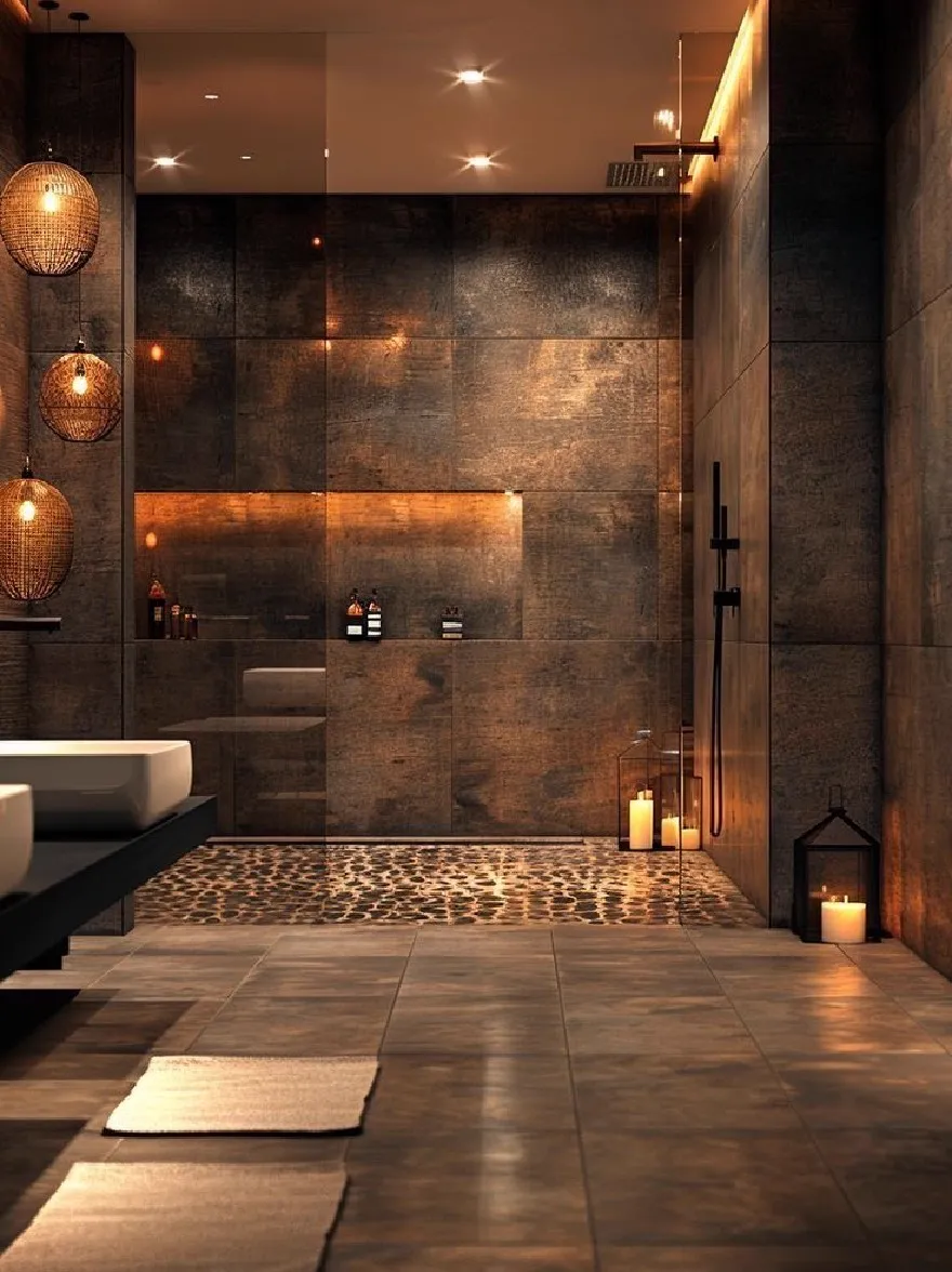 Русский промпт: Современная ванная комната с минималистским дизайном с темно-коричневыми плитками на стенах и полу, две белые раковины с обеих сторон, две тканые ротанные лампы, свисающие с потолка, и душ с стеклянной дверью. Освещение смутно освещено, создавая теплую и привлекательную атмосферу. Пол покрыт тонким рисунком, и на полу расположены несколько свечей, добавляя оттенки атмосферы. Общая эстетика минималистичная и современная, с акцентом на текстуры и освещение. | Original prompt: A modern bathroom with a minimalist design, featuring dark brown tiles on the walls and floor, two white sinks on either side, two woven rattan lamps hanging from the ceiling, and a walk-in shower with a glass door. The lighting is dimly lit, creating a warm and inviting atmosphere. The floor is tiled with a subtle pattern, and there are several candles placed on the floor, adding a touch of ambiance. The overall aesthetic is minimalistic and contemporary, with a focus on textures and lighting.