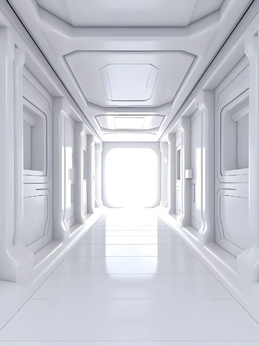 Русский промпт: Фото футуристического, пустого коридора с ярким, светящимся светом в конце. Коридор имеет гладкий, минималистский дизайн с белыми стенами и полом, а также большое прямоугольное окно в центре, позволяющее естественному свету войти в пространство. Стены выстланы прямоугольными панелями, а потолок гладкий и отражающий. Общая атмосфера яркая и воздушная, с чувством открытости и возможности. Фотография высокого качества, без видимых признаков износа или разрыва. | Original prompt: Photo of a futuristic, empty corridor with a bright, glowing light at the end. The corridor has a sleek, minimalist design with white walls and floor, and a large, rectangular window in the center, allowing natural light to enter the space. The walls are lined with rectangular panels, and the ceiling is smooth and reflective. The overall atmosphere is bright and airy, with a sense of openness and possibility. The photo is high quality, with no visible signs of wear or tear.