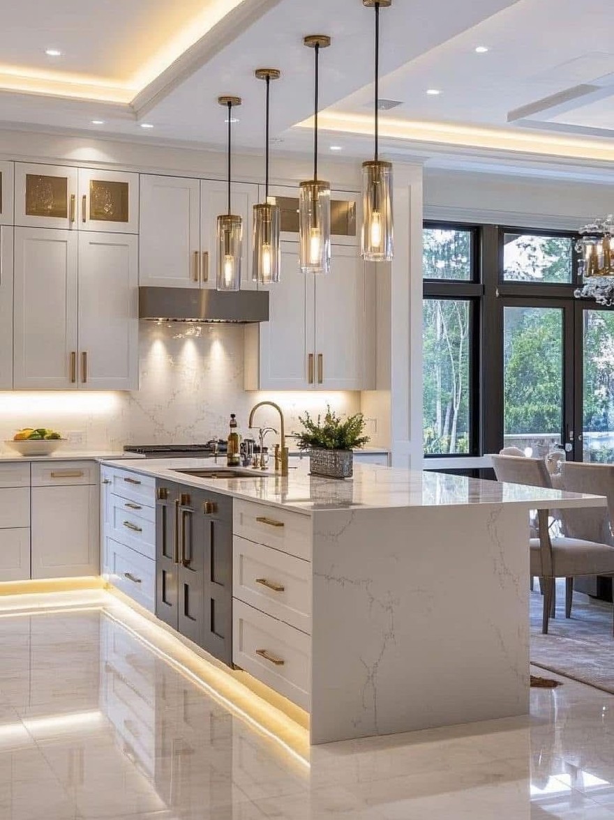 Русский промпт: Современная, роскошная кухня с большим центральным островом в центре с белыми шкафами, мраморная столешница и золотые акценты. Кухня освещается утопленным освещением, которое бросает теплое сияние по всему пространству. У острова есть элегантный, современный дизайн с мраморной вершиной и приборами из нержавеющей стали, включая раковину, плиту и духовку. Шкафы имеют золотые ручки и ящики, а столешница украшена горшечным растением. В комнате есть большие окна, которые впускаются в естественном свете, позволяя войти в естественный свет. Пол изготовлен из мрамора, и есть столовая со стульями и столом. Общая эстетика кухни элегантна и утончена. | Original prompt: A modern, luxurious kitchen with a large center island in the center, featuring white cabinets, a marble countertop, and gold accents. The kitchen is illuminated by recessed lighting, which casts a warm glow throughout the space. The island has a sleek, contemporary design with a marble top and stainless steel appliances, including a sink, stove, and oven. The cabinets have gold handles and drawers, and the countertop is adorned with a potted plant. The room has large windows that let in natural light, allowing plenty of natural light to enter. The floor is made of marble, and there is a dining area with chairs and a table. The overall aesthetic of the kitchen is elegant and sophisticated.