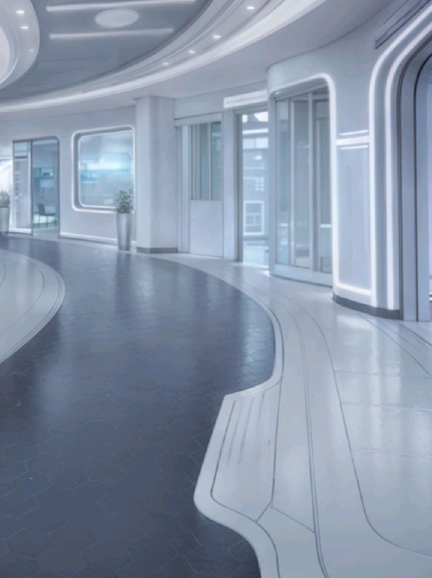 Русский промпт: Футуристический научно-фантастический коридор с гладким, современным дизайном. Коридор имеет изогнутый металлический потолок с утопленным освещением и гексагональный узорчатый этаж. Стены изготовлены из стекла, и вдоль боковых сторон есть несколько больших окон, позволяя естественному свету войти в пространство. В центре коридора есть небольшое горшечное растение, добавляя прикосновение зелени в иногда монохроматическую обстановку. Общая эстетика является минималистичной и футуристической, с акцентом на технологии и инновации. | Original prompt: A futuristic, sci-fi corridor with a sleek, modern design. The corridor has a curved, metallic ceiling with recessed lighting, and a hexagonal patterned floor. The walls are made of glass, and there are several large windows along the sides, allowing natural light to enter the space. There is a small potted plant in the center of the corridor, adding a touch of greenery to the otherwise monochromatic setting. The overall aesthetic is minimalistic and futuristic, with a focus on technology and innovation.