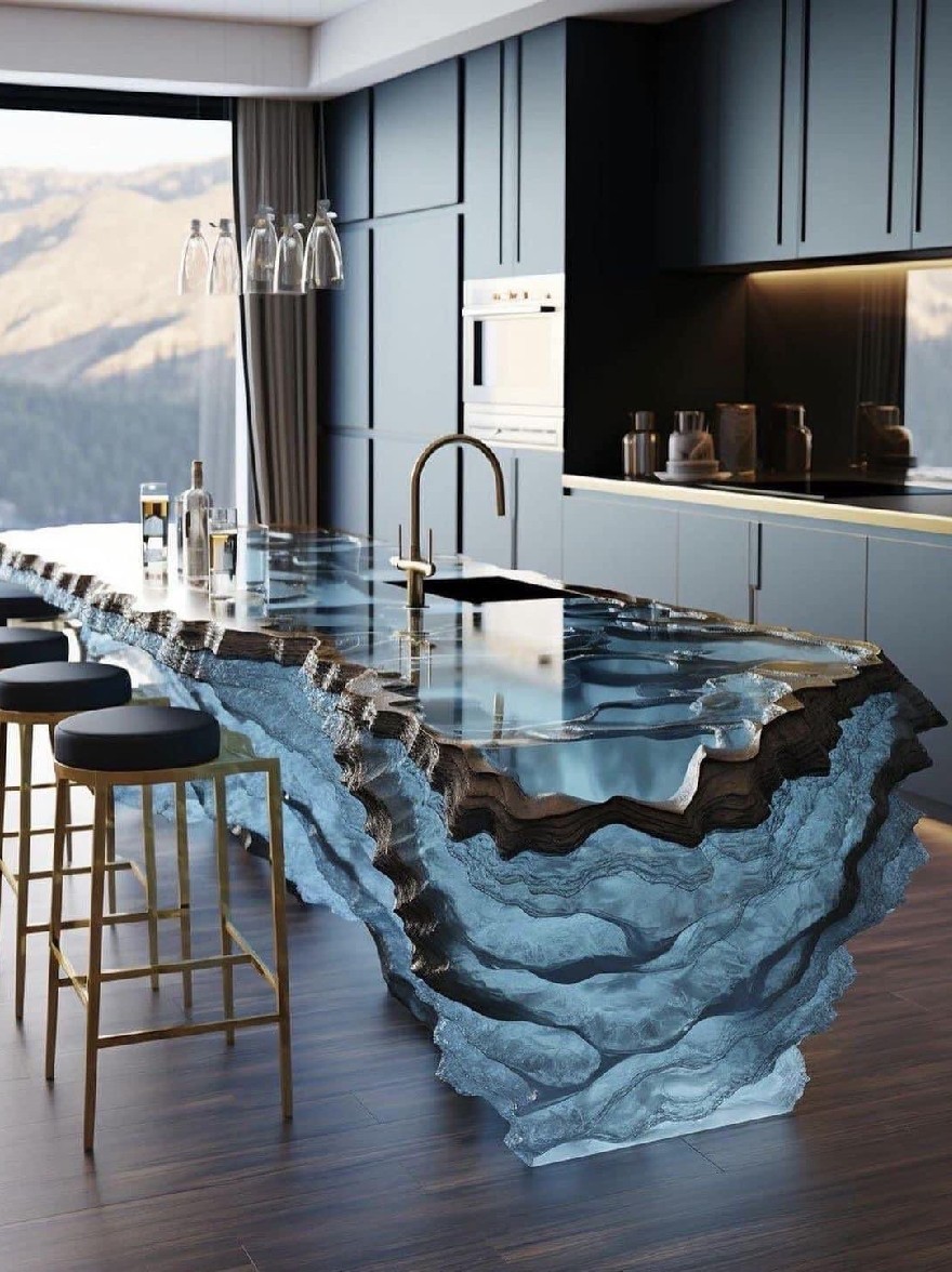Русский промпт: Современная кухня с большим геодеподобным островом в центре. Остров имеет уникальную, кристаллическую, синюю агат-подобную поверхность с глянцевой отделкой и кран из золотого цвета. На кухне есть темно -синие шкафы, гладкий, современный дизайн и большое окно, которое предлагает потрясающий вид на горы снаружи. На острове есть несколько бутылок и очков, добавляя роскошное ощущение пространства. Комната освещена естественным светом, проходящим через большое окно, создавая теплую и привлекательную атмосферу. Пол изготовлен из темного дерева, добавляя оттенки изысканности к общему дизайну. | Original prompt: A modern kitchen with a large, geode-like island in the center. The island has a unique, crystalline, blue agate-like surface with a glossy finish and a gold-colored faucet. The kitchen has dark blue cabinets, a sleek, modern design, and a large window that offers a stunning view of the mountains outside. On the island, there are several bottles and glasses, adding to the luxurious feel of the space. The room is illuminated by natural light coming through the large window, creating a warm and inviting atmosphere. The floor is made of dark wood, adding a touch of sophistication to the overall design.