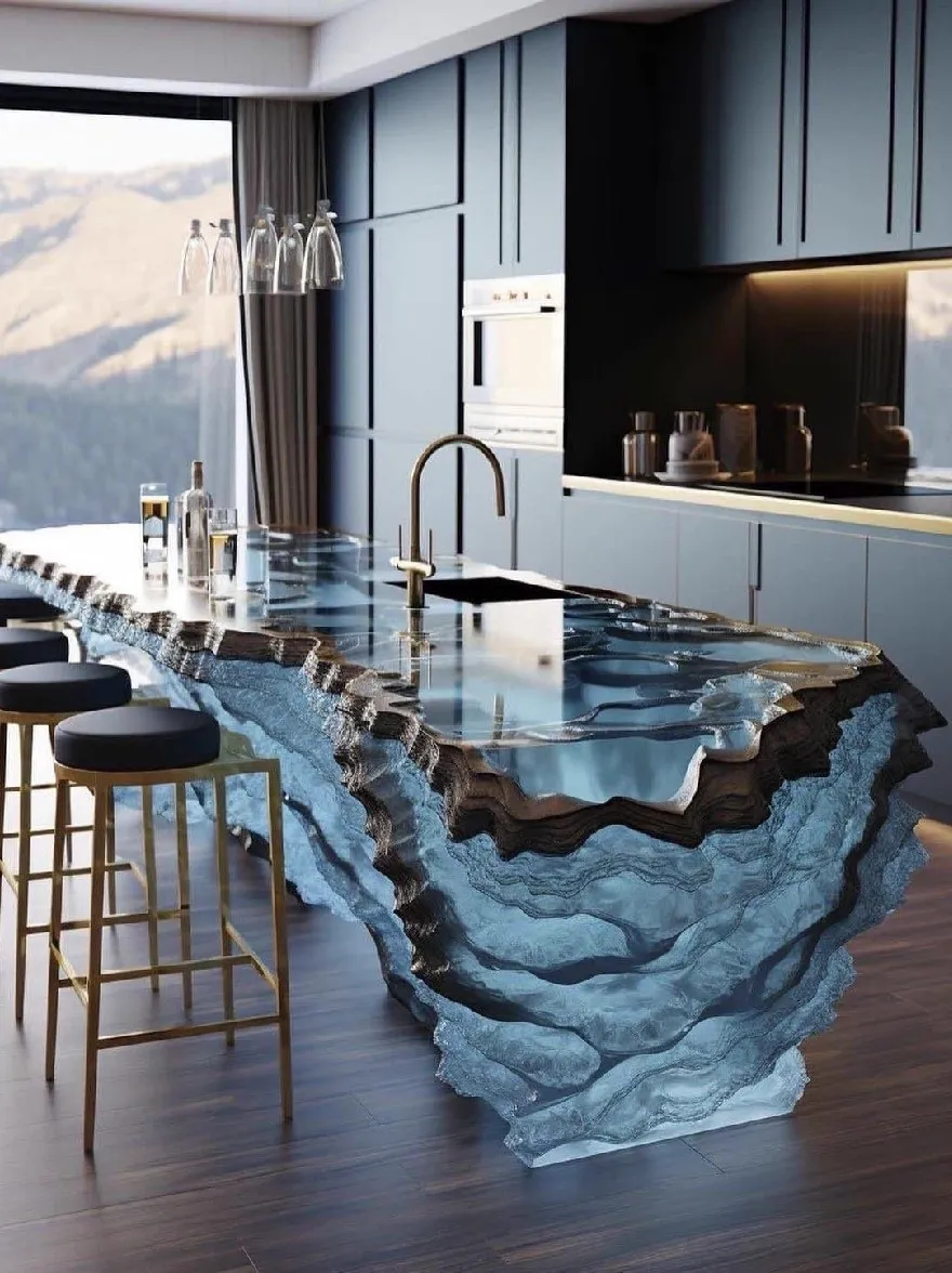 Русский промпт: Современная кухня с большим геодеподобным островом в центре. Остров имеет уникальную, кристаллическую, синюю агат-подобную поверхность с глянцевой отделкой и кран из золотого цвета. На кухне есть темно -синие шкафы, гладкий, современный дизайн и большое окно, которое предлагает потрясающий вид на горы снаружи. На острове есть несколько бутылок и очков, добавляя роскошное ощущение пространства. Комната освещена естественным светом, проходящим через большое окно, создавая теплую и привлекательную атмосферу. Пол изготовлен из темного дерева, добавляя оттенки изысканности к общему дизайну. | Original prompt: A modern kitchen with a large, geode-like island in the center. The island has a unique, crystalline, blue agate-like surface with a glossy finish and a gold-colored faucet. The kitchen has dark blue cabinets, a sleek, modern design, and a large window that offers a stunning view of the mountains outside. On the island, there are several bottles and glasses, adding to the luxurious feel of the space. The room is illuminated by natural light coming through the large window, creating a warm and inviting atmosphere. The floor is made of dark wood, adding a touch of sophistication to the overall design.