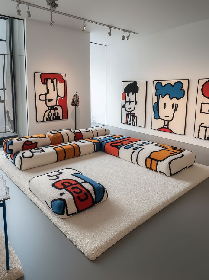 Русский промпт: Современная минималистская гостиная с минималистским дизайном. Стены окрашены в белый цвет, а пол покрыт белым мохнатым ковром. На левой стороне комнаты есть большой секционный диван с оранжевыми и синими геометрическими узорами. Над диваном на стене висят три абстрактные картины людей с разными выражениями лица. Комната освещена утопленным освещением, создавая теплую и привлекательную атмосферу. Мебель расположена таким образом, чтобы создать удобную зону отдыха. Общая эстетика минималистичная и современная. | Original prompt: A modern, minimalist living room with a minimalist design. The walls are painted white, and the floor is covered with a white shaggy rug. On the left side of the room, there is a large sectional sofa with orange and blue geometric patterns. Above the sofa, three abstract paintings of people with different facial expressions hang on the wall. The room is illuminated by recessed lighting, creating a warm and inviting atmosphere. The furniture is arranged in a way that creates a comfortable seating area. The overall aesthetic is minimalistic and contemporary.