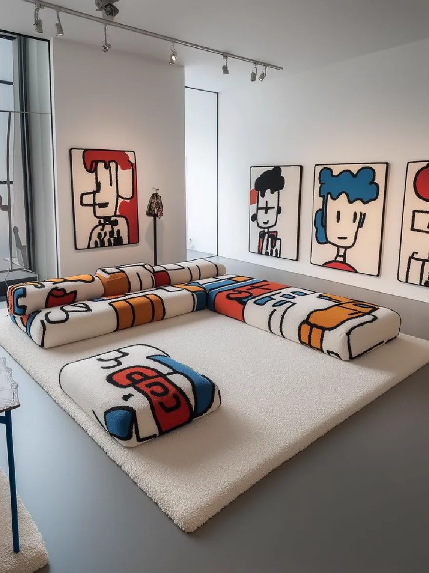 Русский промпт: Современная минималистская гостиная с минималистским дизайном. Стены окрашены в белый цвет, а пол покрыт белым мохнатым ковром. На левой стороне комнаты есть большой секционный диван с оранжевыми и синими геометрическими узорами. Над диваном на стене висят три абстрактные картины людей с разными выражениями лица. Комната освещена утопленным освещением, создавая теплую и привлекательную атмосферу. Мебель расположена таким образом, чтобы создать удобную зону отдыха. Общая эстетика минималистичная и современная. | Original prompt: A modern, minimalist living room with a minimalist design. The walls are painted white, and the floor is covered with a white shaggy rug. On the left side of the room, there is a large sectional sofa with orange and blue geometric patterns. Above the sofa, three abstract paintings of people with different facial expressions hang on the wall. The room is illuminated by recessed lighting, creating a warm and inviting atmosphere. The furniture is arranged in a way that creates a comfortable seating area. The overall aesthetic is minimalistic and contemporary.
