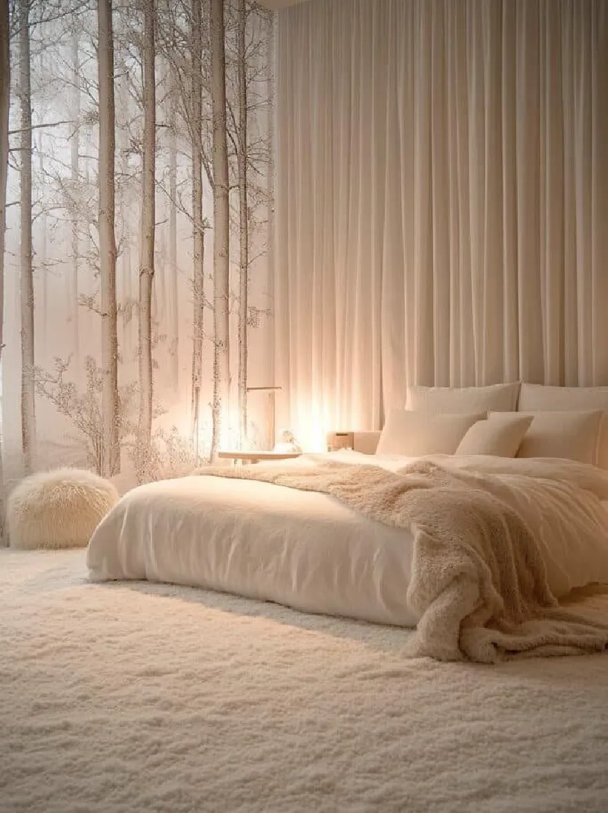 Русский промпт: Уютная спальня с минималистским дизайном с большой белой кроватью с пушистым белым одеялом и подушками, белым ковриком овчины и большим окном с матовыми березовыми деревьями на заднем плане. Стены покрыты чистыми белыми шторами, создавая мягкую и успокаивающую атмосферу. Комната освещена мягким, теплым освещением, которое создает безмятежную и мирную атмосферу. Кровать помещена в центр комнаты, с круглой пушистой белой османской на левой стороне. Пол покрыт мягким, текстурированным ковром, добавляя в уютное и привлекательное ощущение пространства. Общая эстетика минималистичная и минималистичная, идеально подходит для зимней страны чудес. | Original prompt: A cozy bedroom with a minimalist design, featuring a large white bed with a fluffy white blanket and pillows, a white sheepskin rug, and a large window with frosted birch trees in the background. The walls are covered in sheer white curtains, creating a soft and calming atmosphere. The room is illuminated by soft, warm lighting, which creates a serene and peaceful ambiance. The bed is placed in the center of the room, with a round, fluffy white ottoman on the left side. The floor is covered in a soft, textured rug, adding to the cozy and inviting feel of the space. The overall aesthetic is minimalistic and minimalistic, perfect for a winter wonderland.